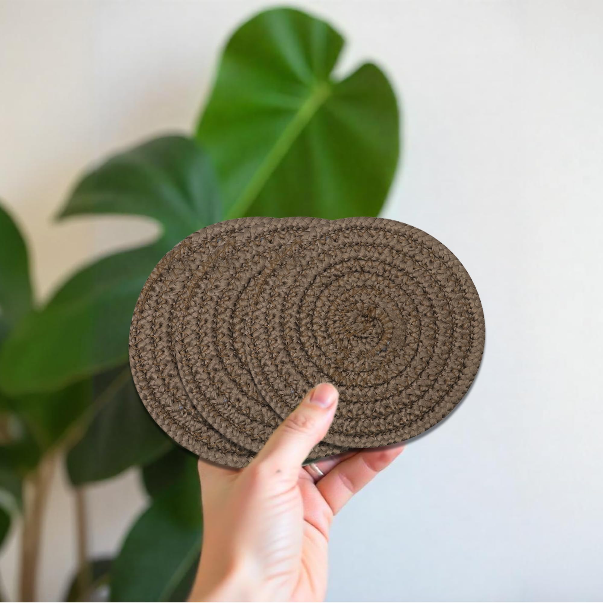 Ariya 6 Psc PP & Cotton Blend Brown Coasters (6 Inch) - Absorbent, Woven, Ideal for Room, Hotel, Bar, Housewarming Gift