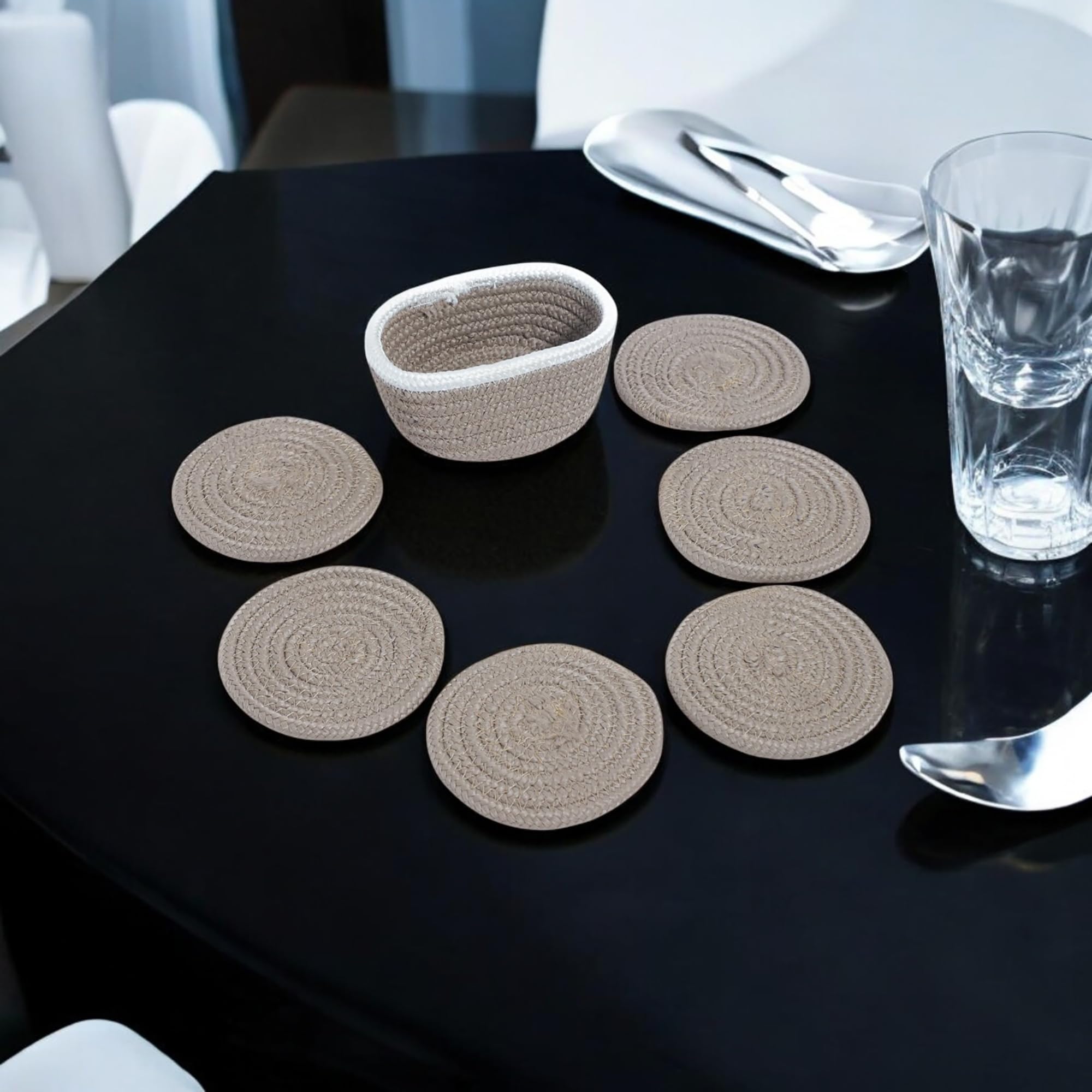 Ariya 6 Psc PP & Cotton Blend Brown Coasters (6 Inch) - Absorbent, Woven, Ideal for Room, Hotel, Bar, Housewarming Gift