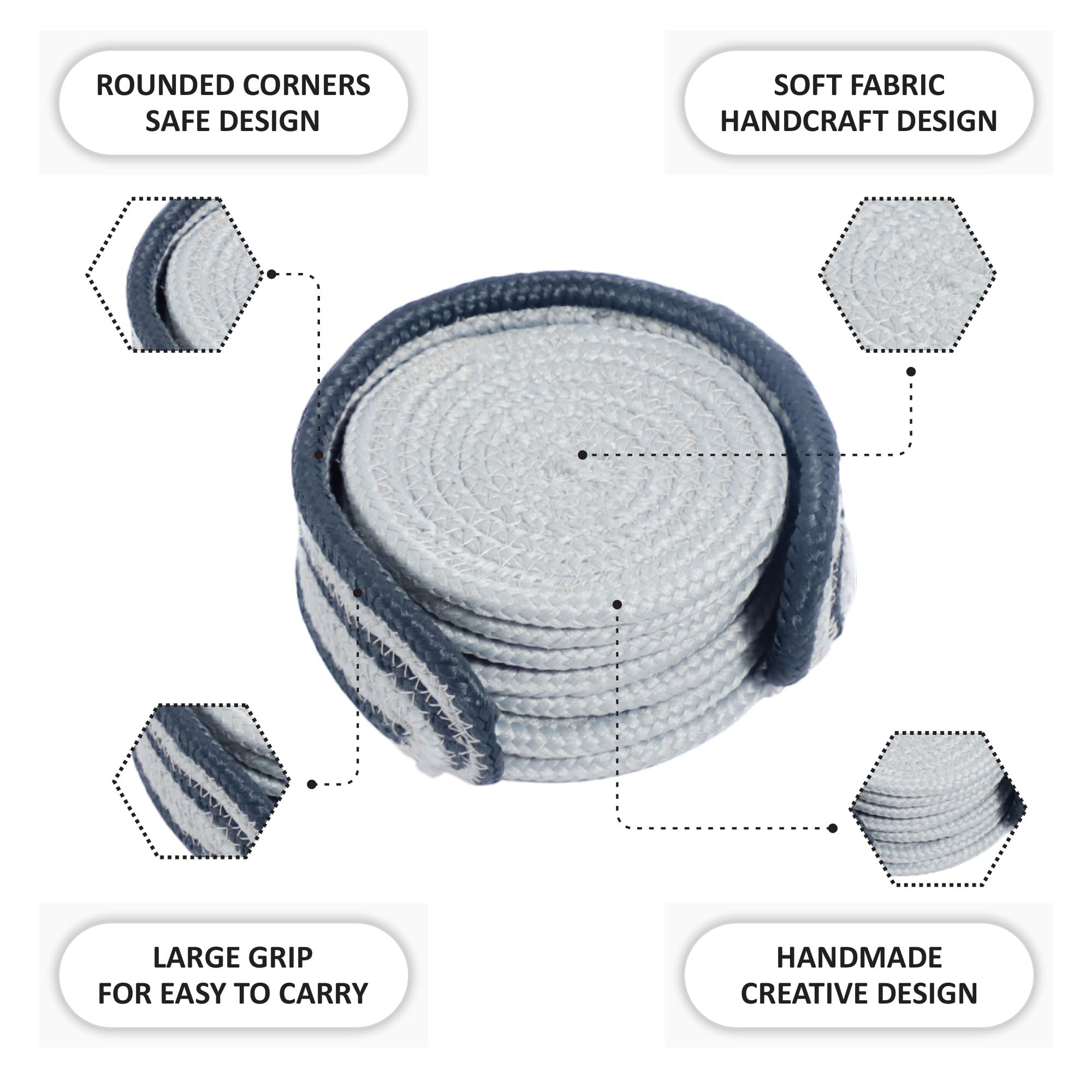 Ariya 6 Psc PP & Cotton Blend Light Grey Coasters (6 Inch) - Absorbent, Woven, Ideal for Room, Hotel, Bar, Housewarming Gift