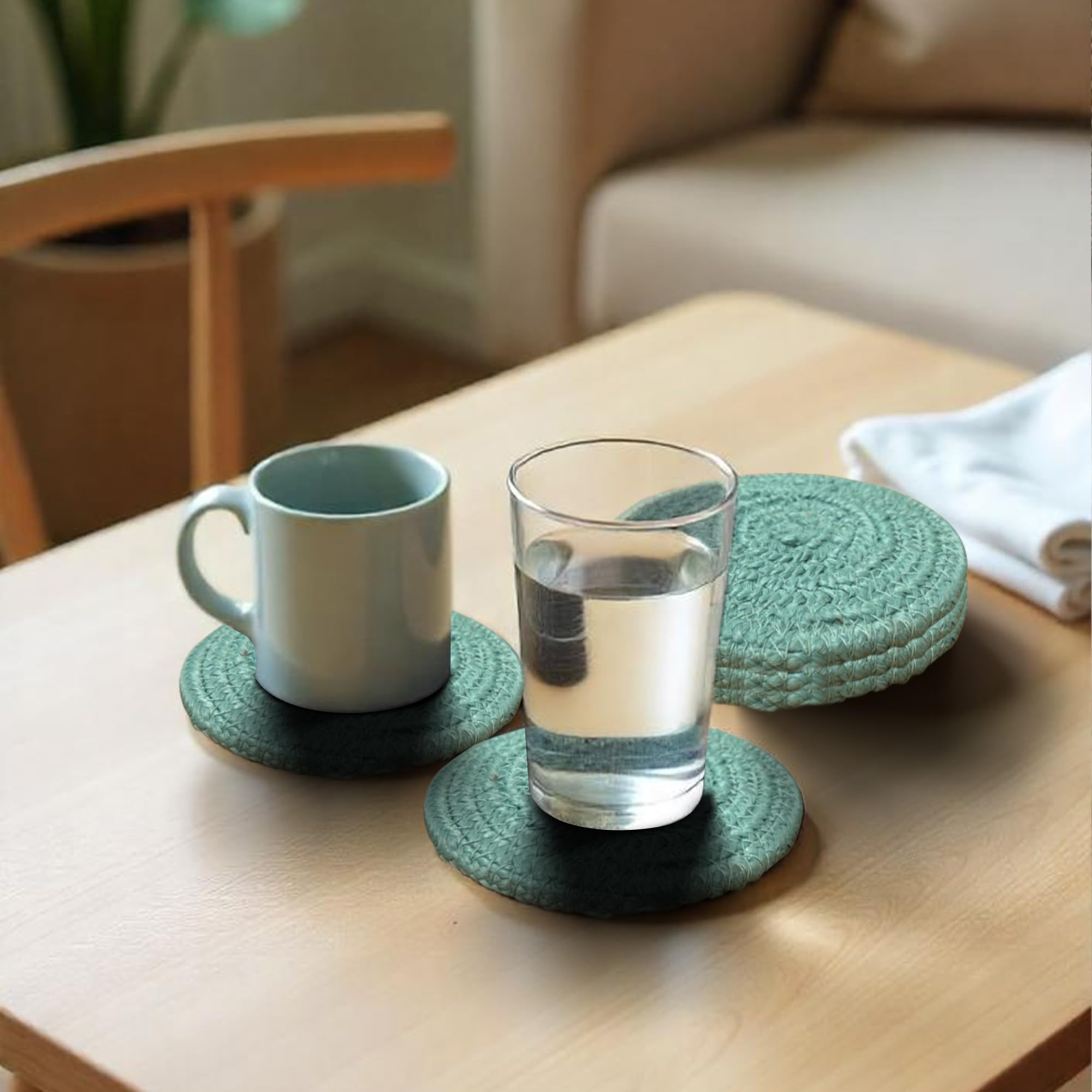 Ariya 4 Inch Round Coaster Set (4049 | Sky Blue | Pack of 6) Handcrafted PP & Cotton Blend Coaster, Durable, Drink Mats for Coffee Tables, Dining, Office & Home Décor