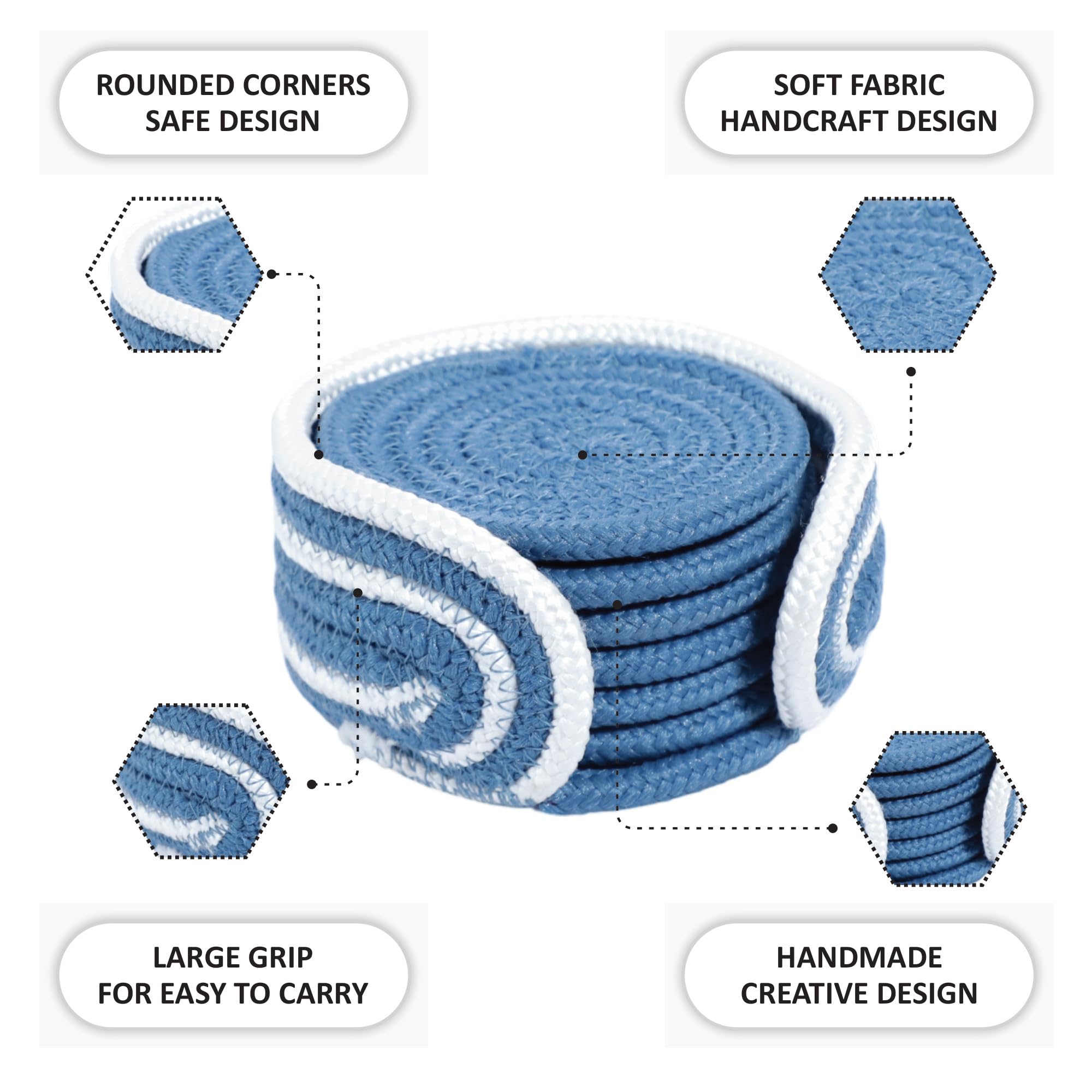 Ariya 6 Psc PP & Cotton Blend Blue Coasters (6 Inch) - Absorbent, Woven, Ideal for Room, Hotel, Bar, Housewarming Gift