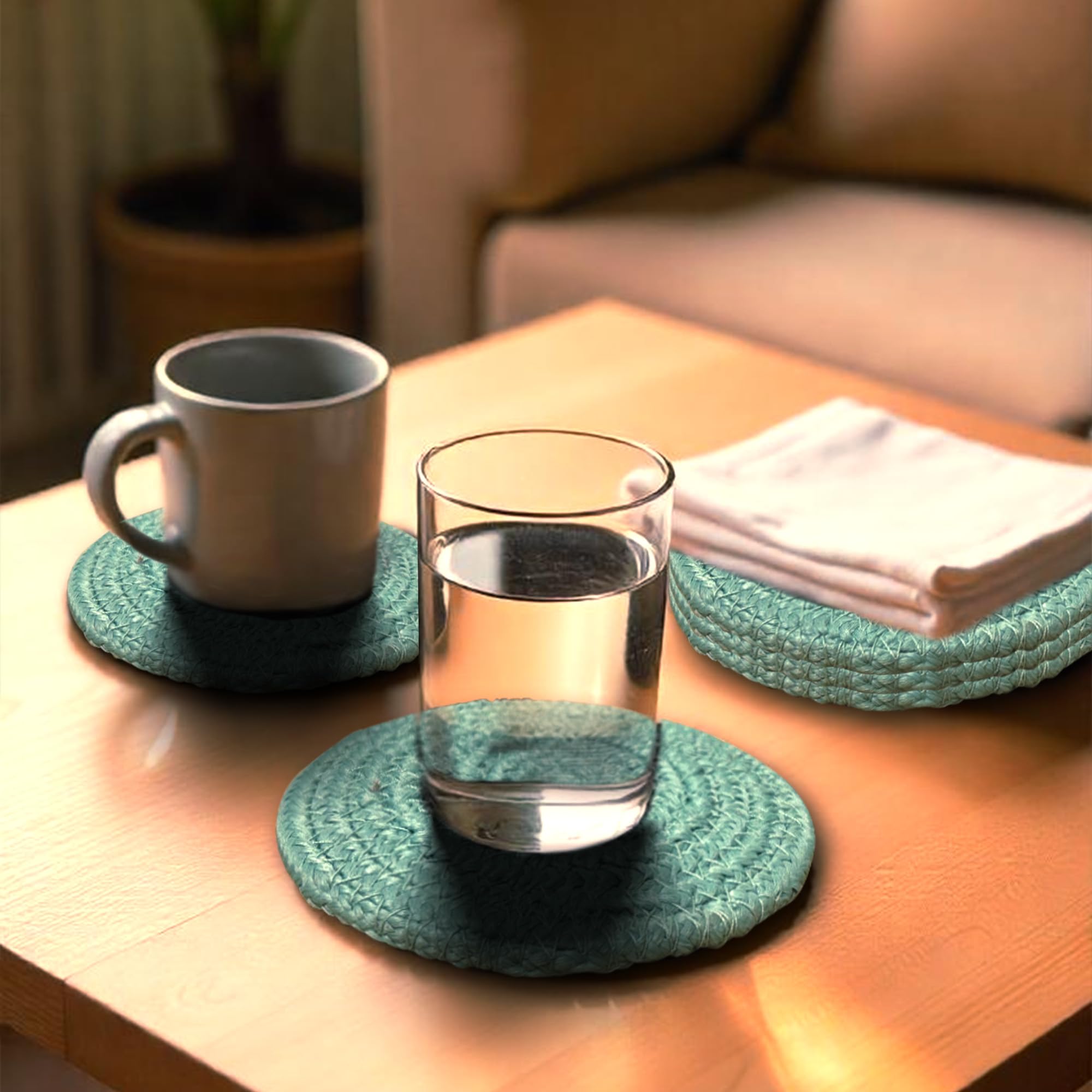 Ariya 4 Inch Round Coaster Set (4049 | Sky Blue | Pack of 6) Handcrafted PP & Cotton Blend Coaster, Durable, Drink Mats for Coffee Tables, Dining, Office & Home Décor