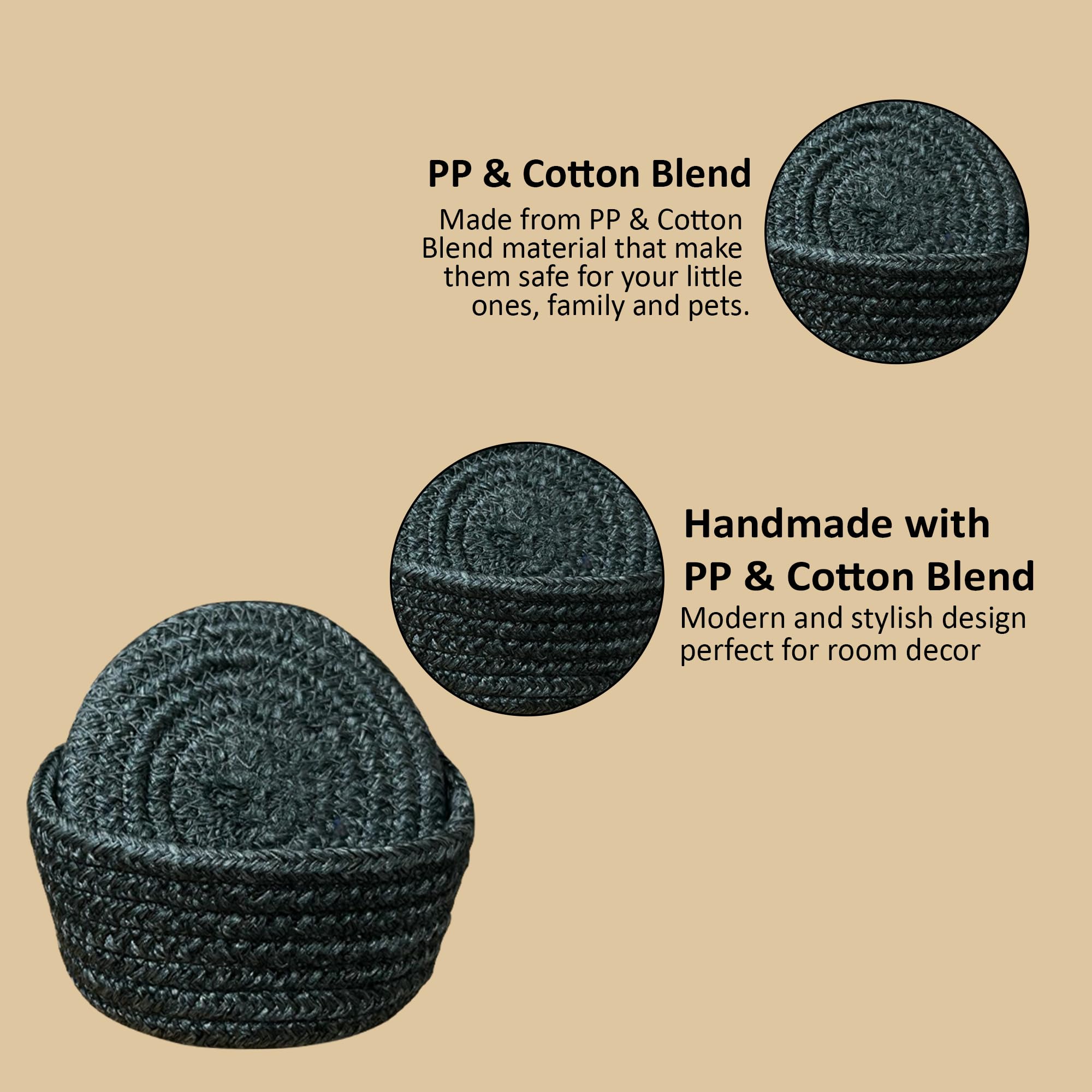 Ariya 4 Inch Round Coaster Set (4049 | Dark Gray | Pack of 6) Handcrafted PP & Cotton Blend Coaster, Durable, Drink Mats for Coffee Tables, Dining, Office & Home Décor