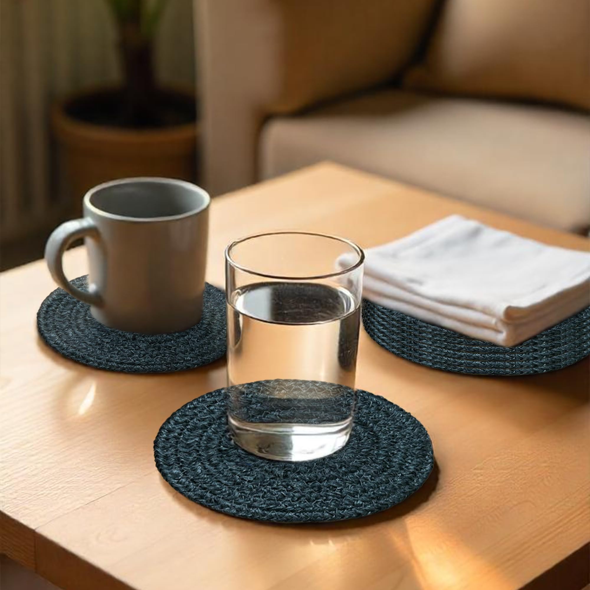 Ariya 4 Inch Round Coaster Set (4049 | Dark Gray | Pack of 6) Handcrafted PP & Cotton Blend Coaster, Durable, Drink Mats for Coffee Tables, Dining, Office & Home Décor