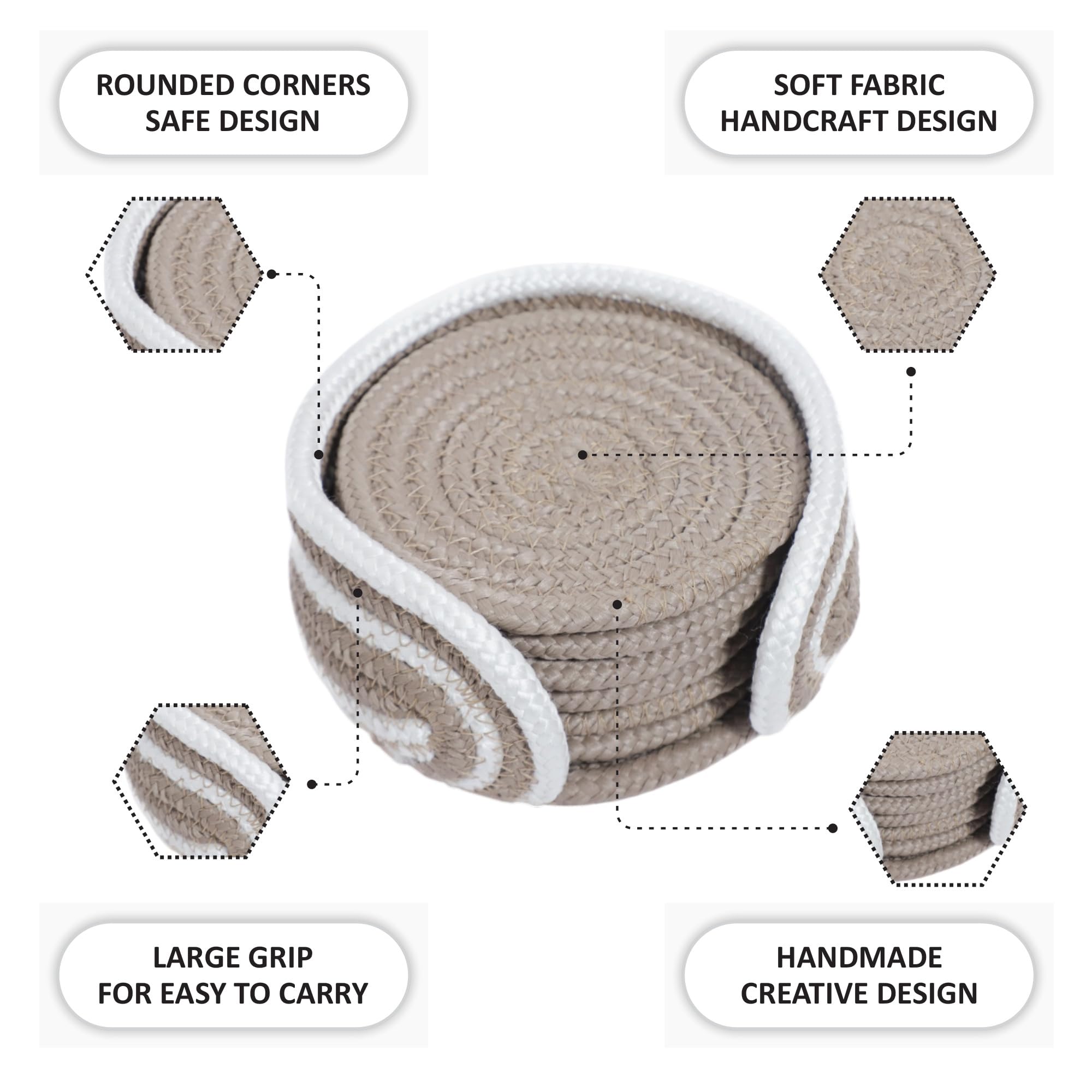 Ariya 6 Psc PP & Cotton Blend Beige Coasters (6 Inch) - Absorbent, Woven, Ideal for Room, Hotel, Bar, Housewarming Gift