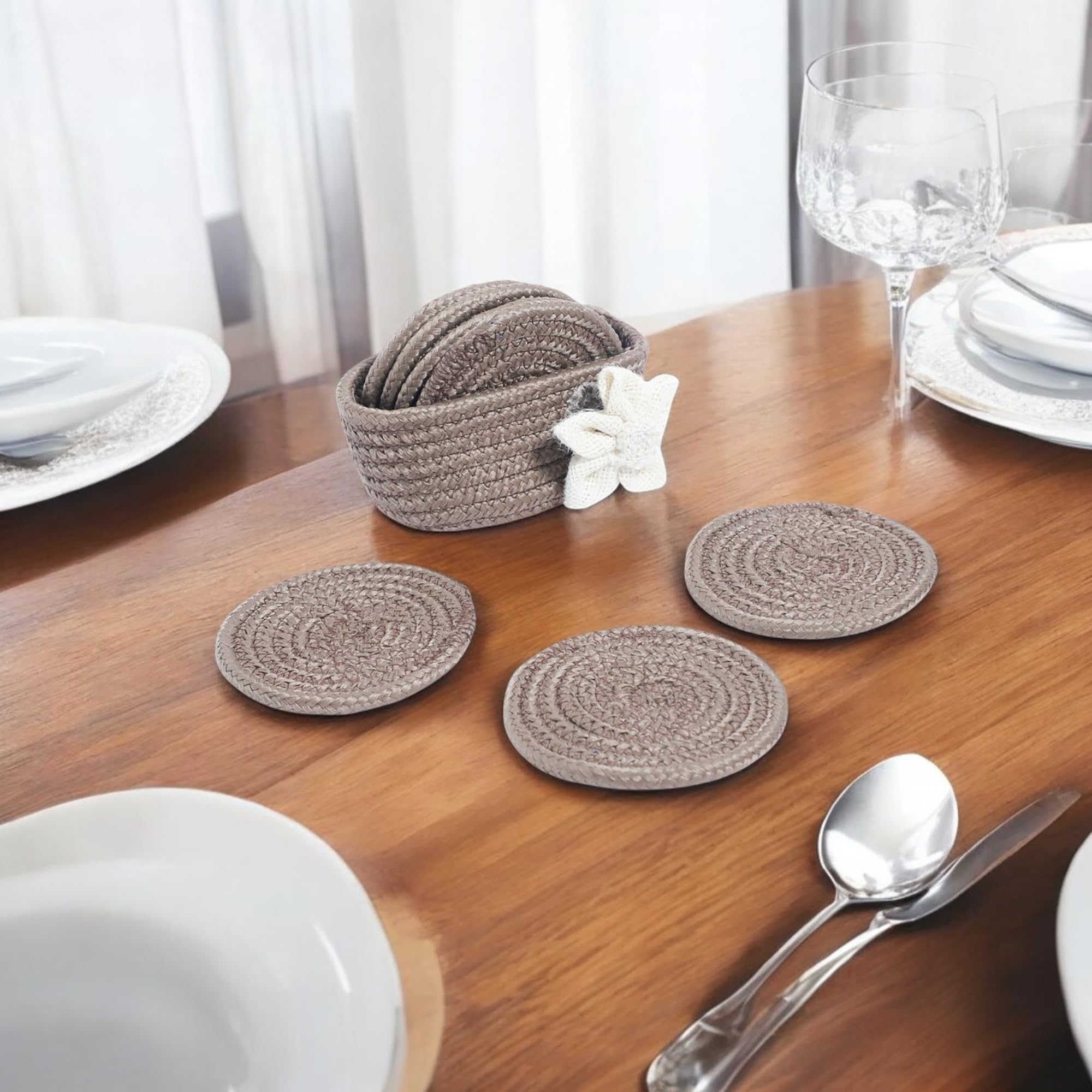 Ariya 6 Psc PP & Cotton Blend Beige Coasters (6 Inch) - Absorbent, Woven, Ideal for Room, Hotel, Bar, Housewarming Gift