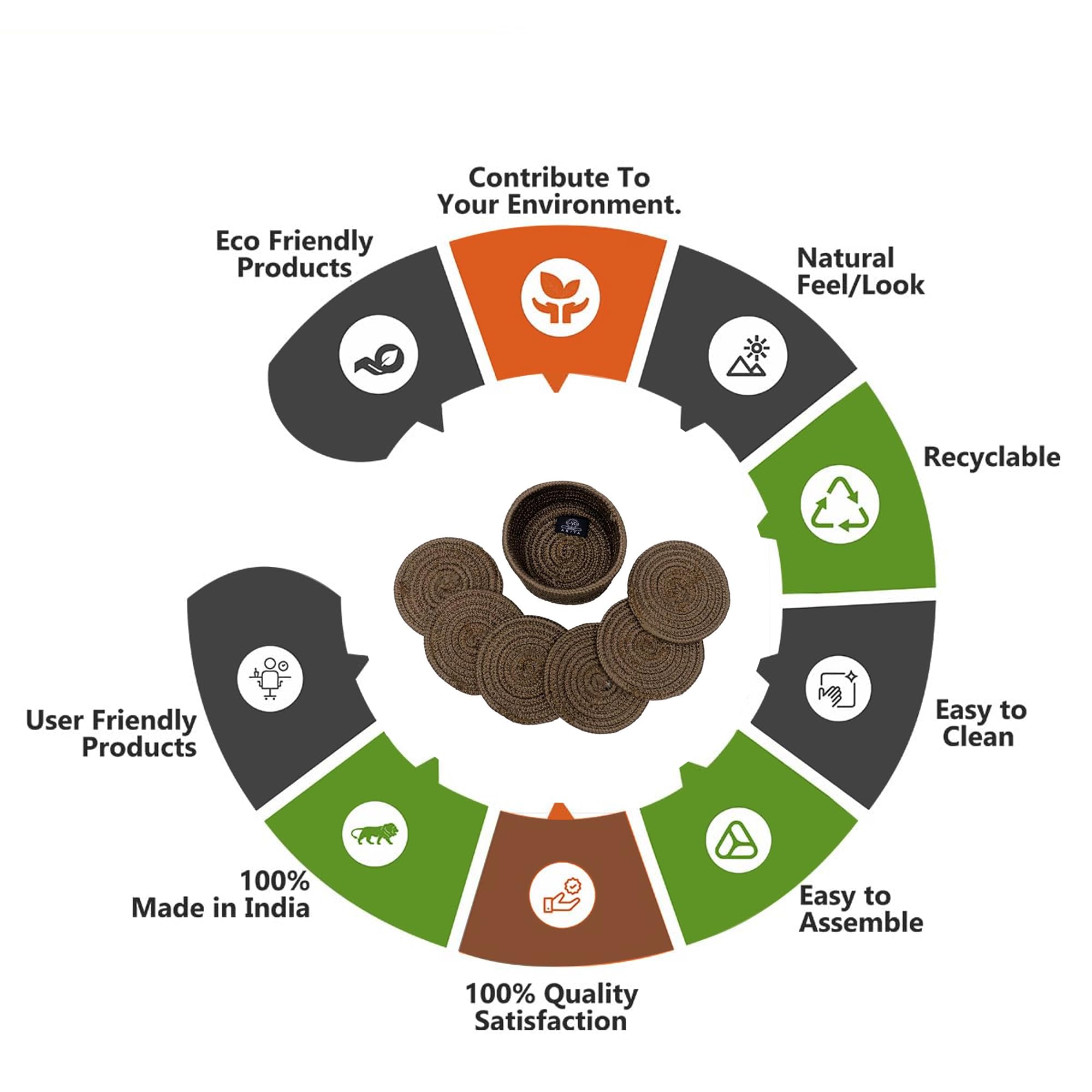 Ariya 6 Psc PP & Cotton Blend Brown Coasters (6 Inch) - Absorbent, Woven, Ideal for Room, Hotel, Bar, Housewarming Gift