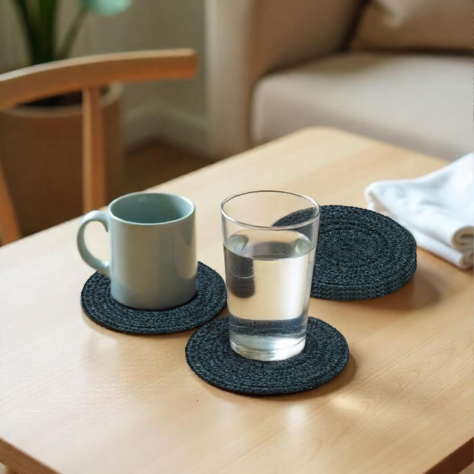 Ariya 4 Inch Round Coaster Set (4049 | Dark Gray | Pack of 6) Handcrafted PP & Cotton Blend Coaster, Durable, Drink Mats for Coffee Tables, Dining, Office & Home Décor