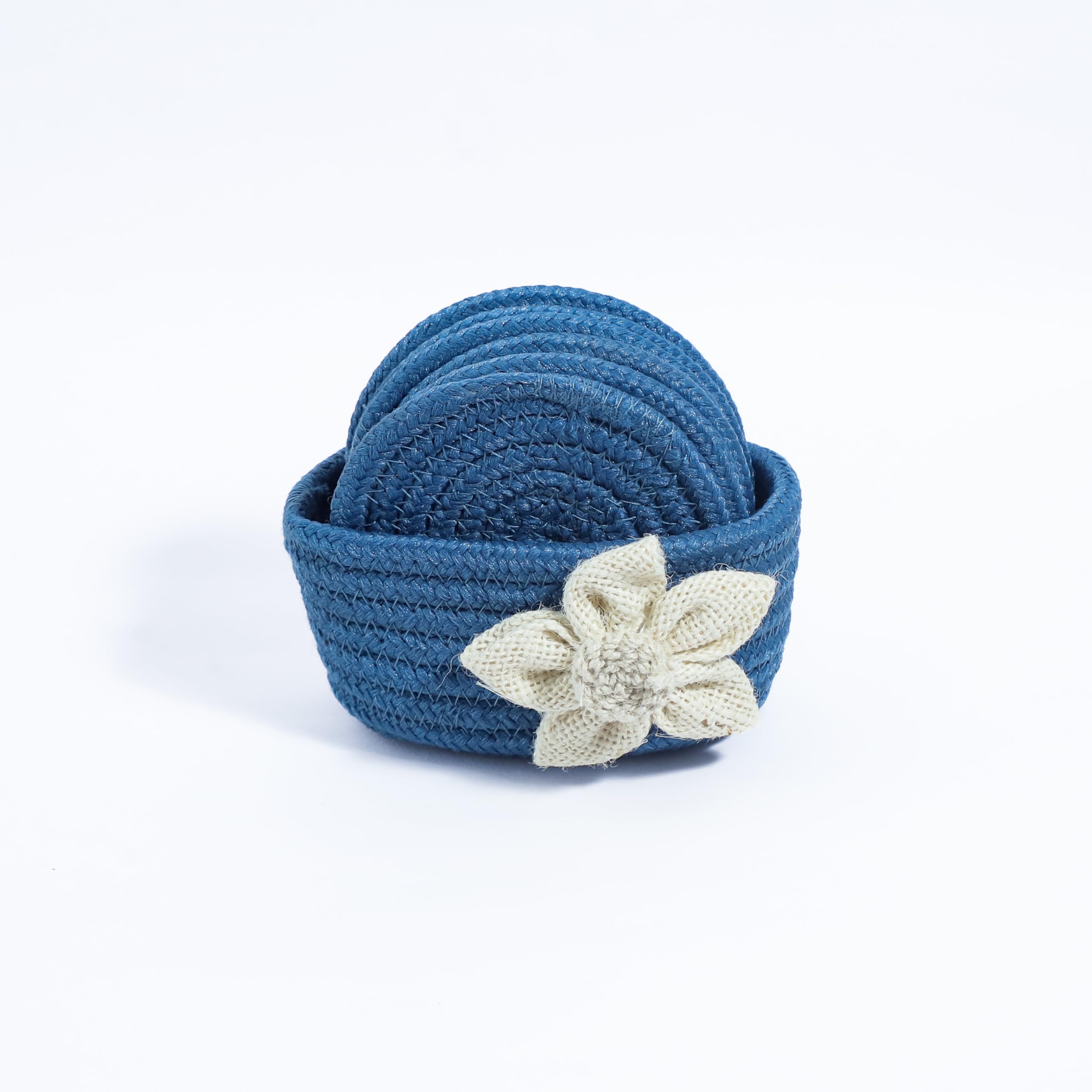 Ariya 6 Psc PP & Cotton Blend Blue Coasters (6 Inch) - Absorbent, Woven, Ideal for Room, Hotel, Bar, Housewarming Gift