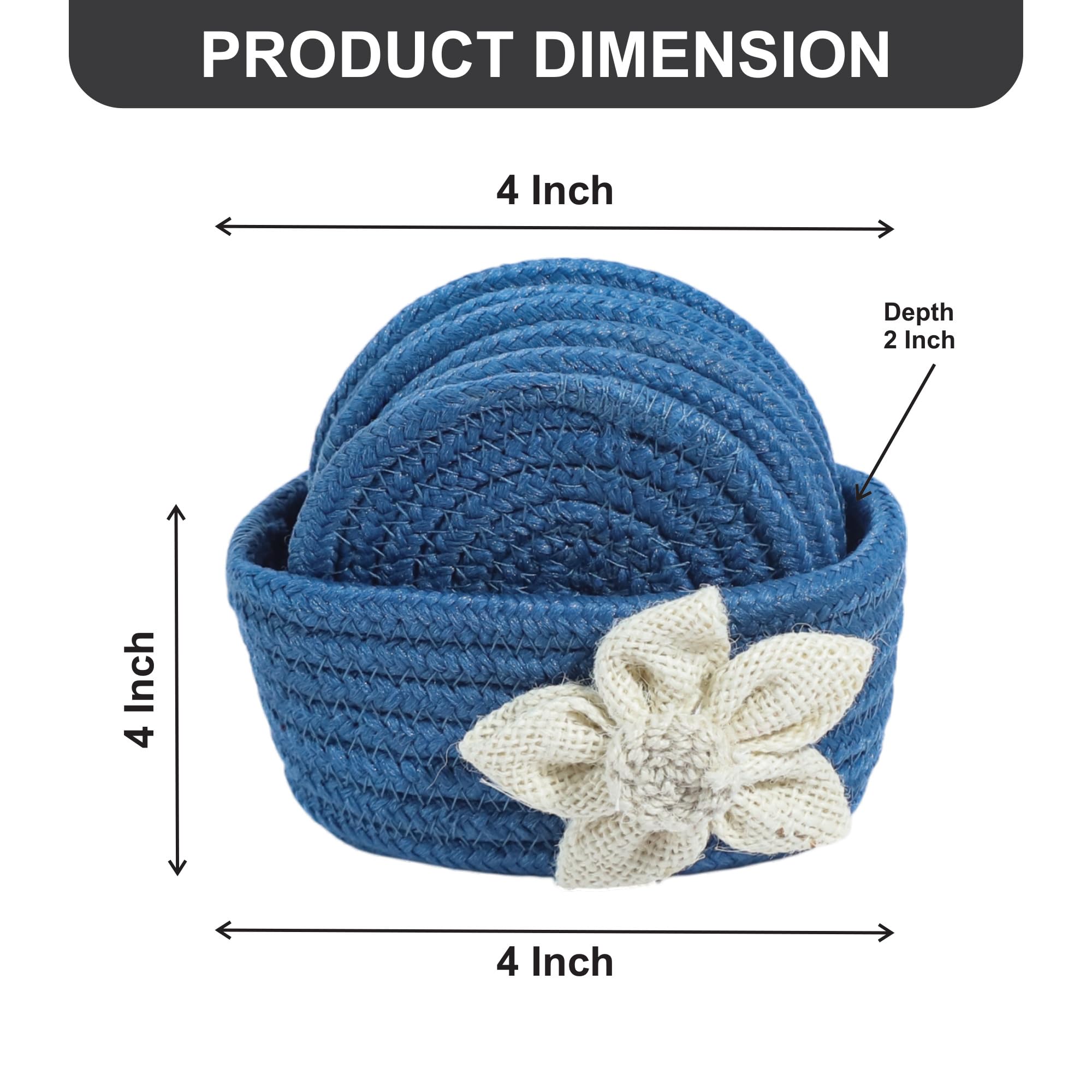 Ariya 6 Psc PP & Cotton Blend Blue Coasters (6 Inch) - Absorbent, Woven, Ideal for Room, Hotel, Bar, Housewarming Gift