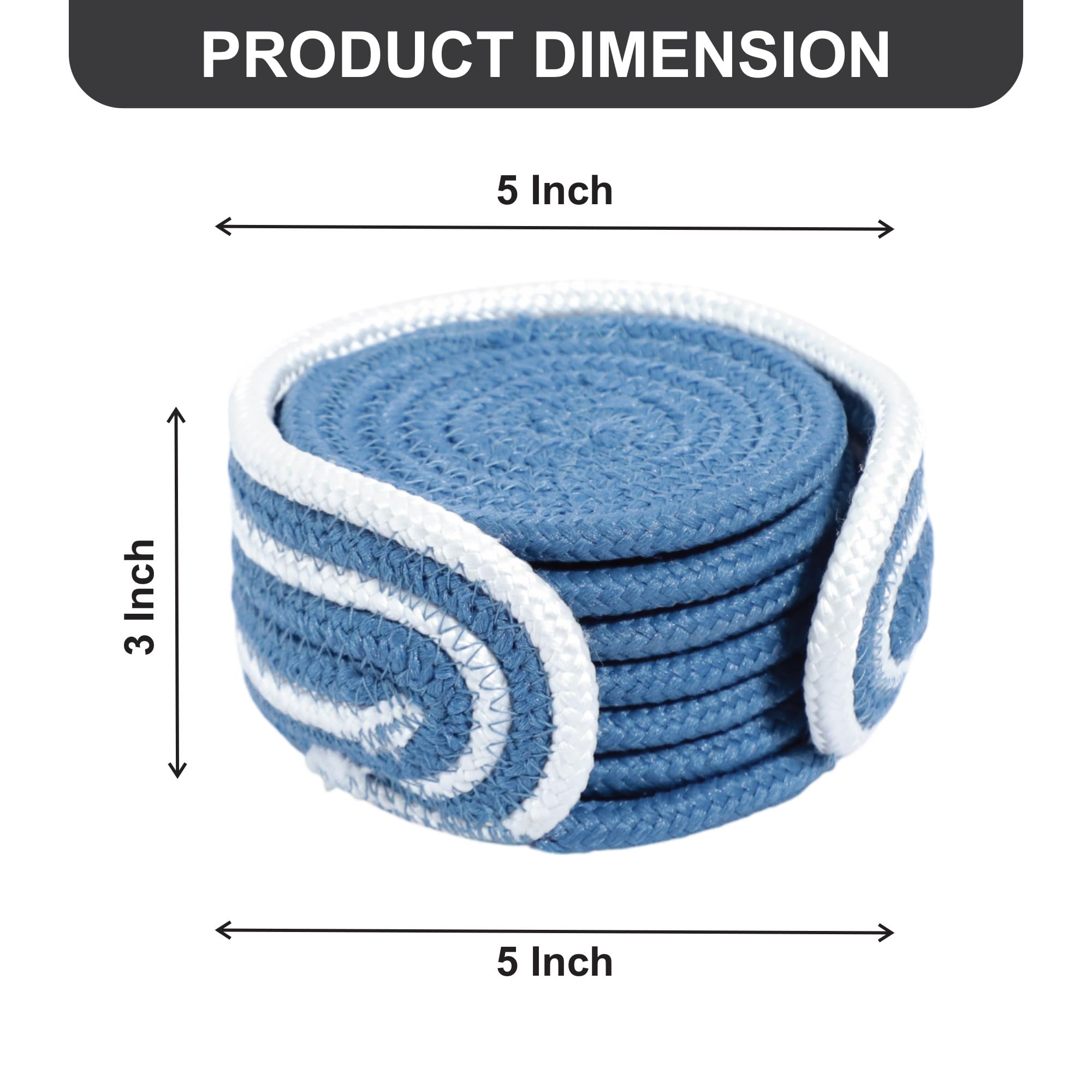 Ariya 6 Psc PP & Cotton Blend Blue Coasters (6 Inch) - Absorbent, Woven, Ideal for Room, Hotel, Bar, Housewarming Gift