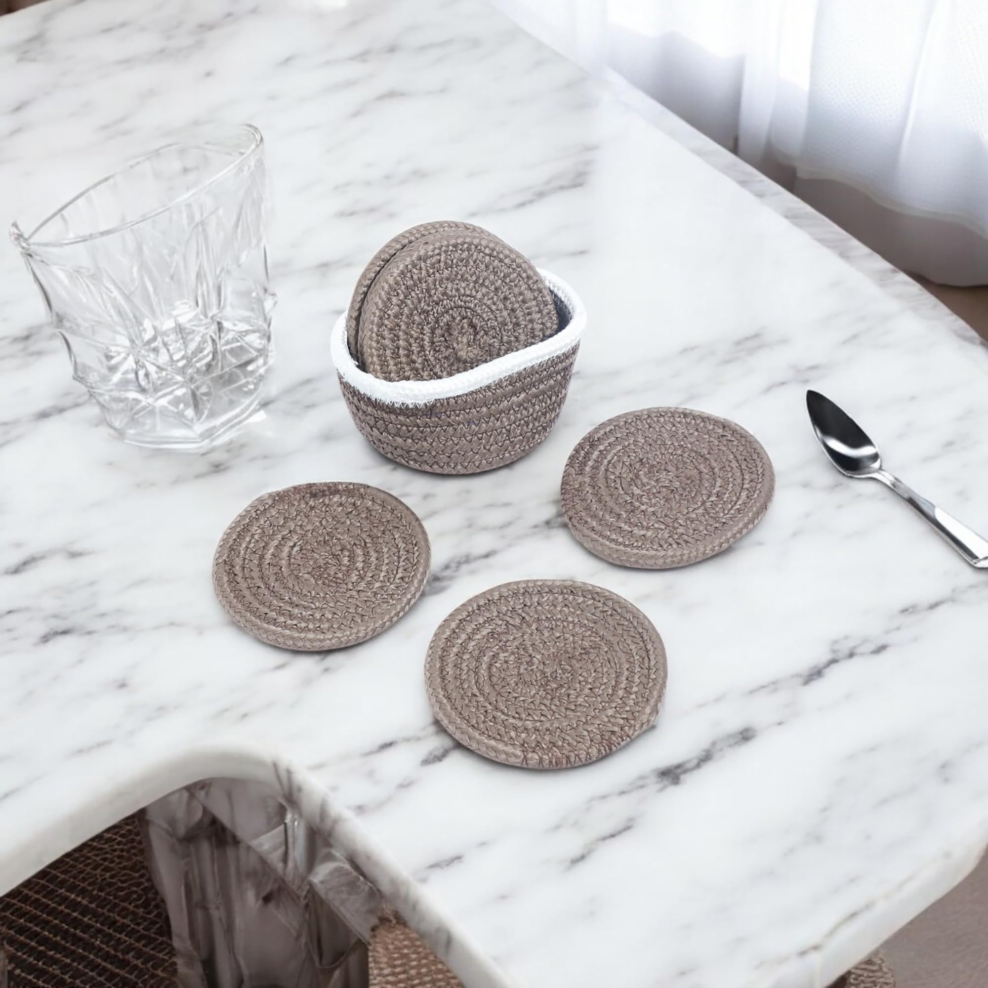 Ariya 6 Psc PP & Cotton Blend Beige Coasters (6 Inch) - Absorbent, Woven, Ideal for Room, Hotel, Bar, Housewarming Gift