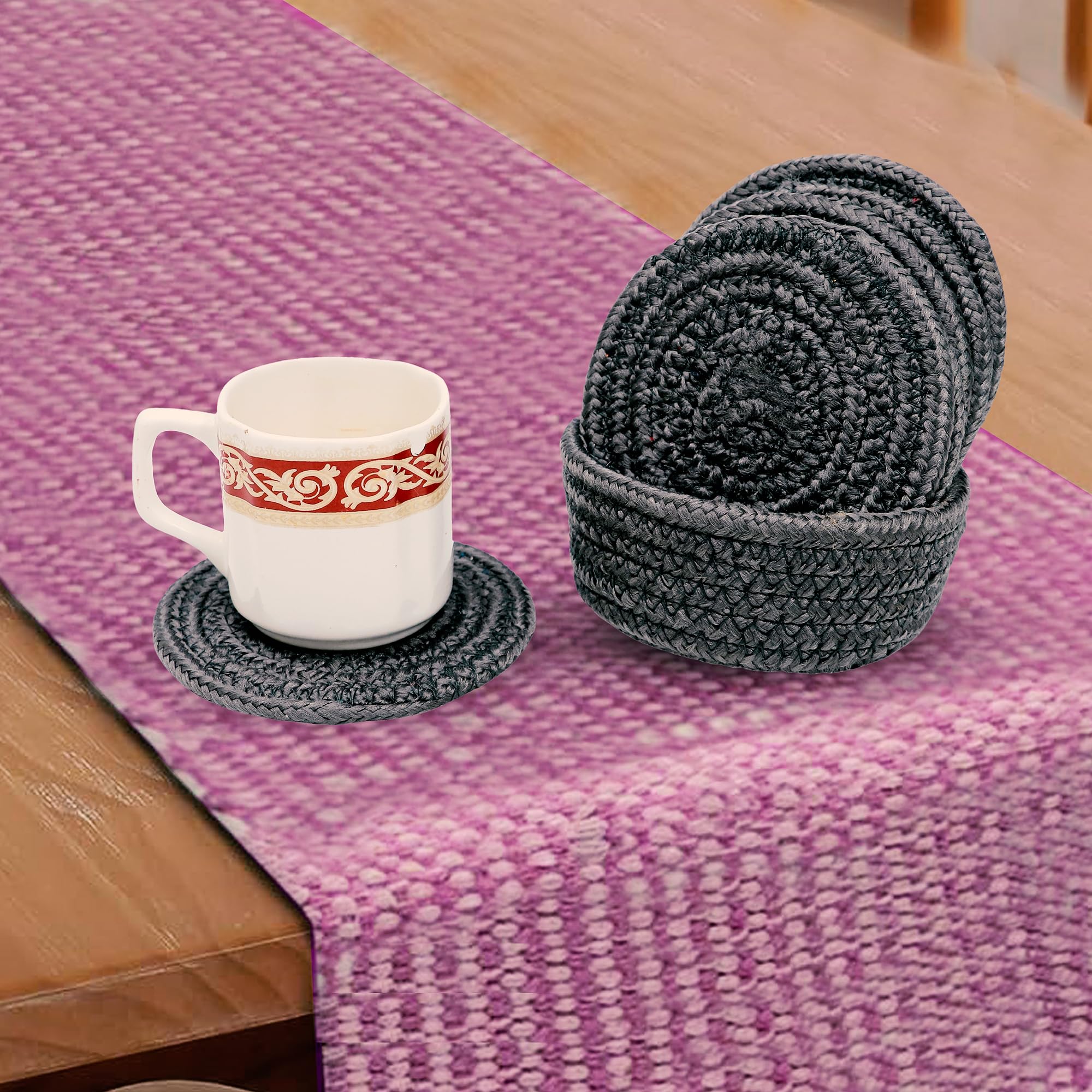 Ariya 6 Psc PP & Cotton Blend Dark Grey Coasters (6 Inch) - Absorbent, Woven, Ideal for Room, Hotel, Bar, Housewarming Gift