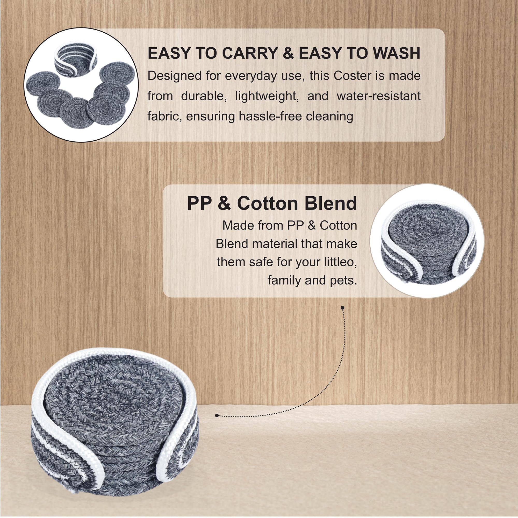 Ariya 6 Psc PP & Cotton Blend Grey Coasters (6 Inch) - Absorbent, Woven, Ideal for Room, Hotel, Bar, Housewarming Gift