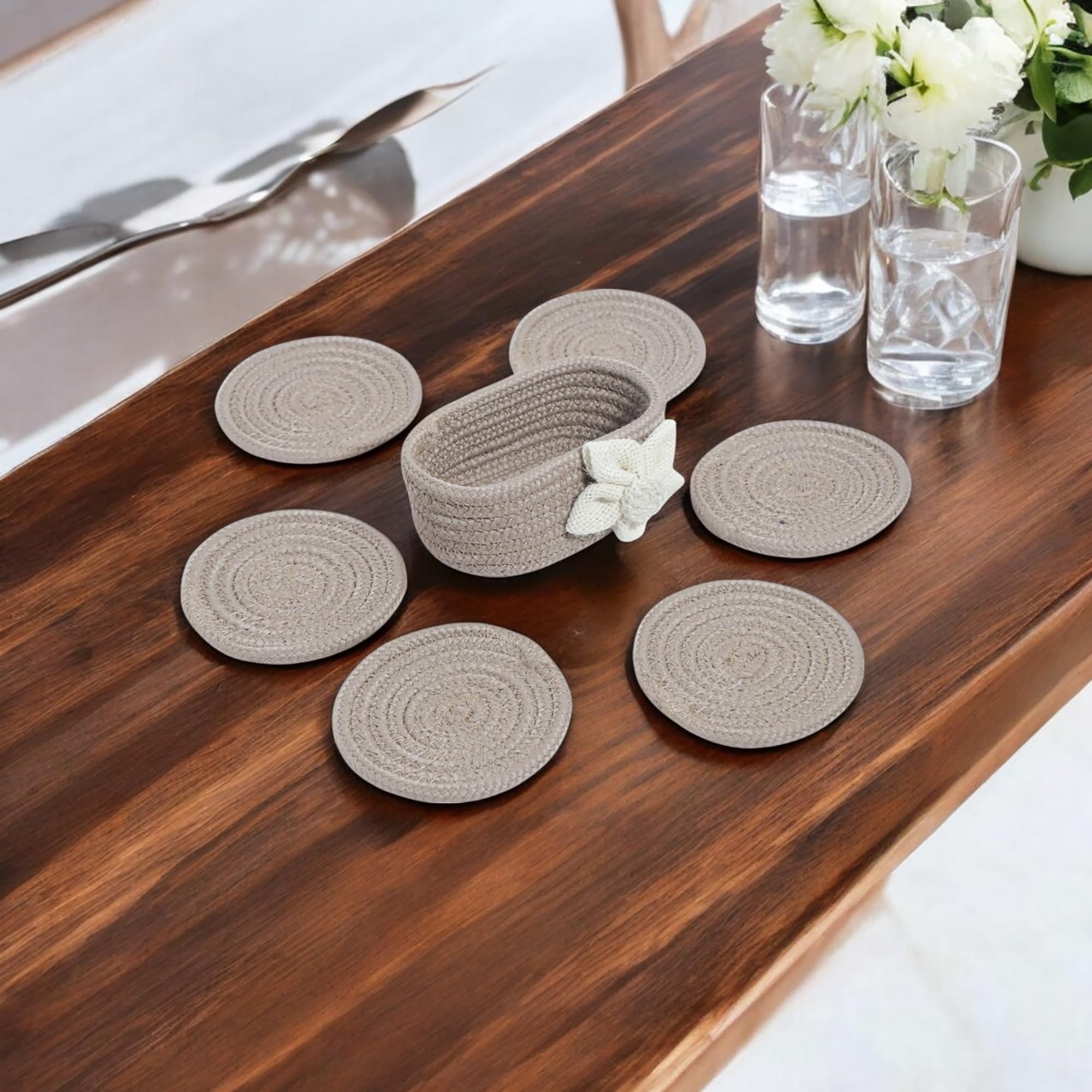 Ariya 6 Psc PP & Cotton Blend Beige Coasters (6 Inch) - Absorbent, Woven, Ideal for Room, Hotel, Bar, Housewarming Gift