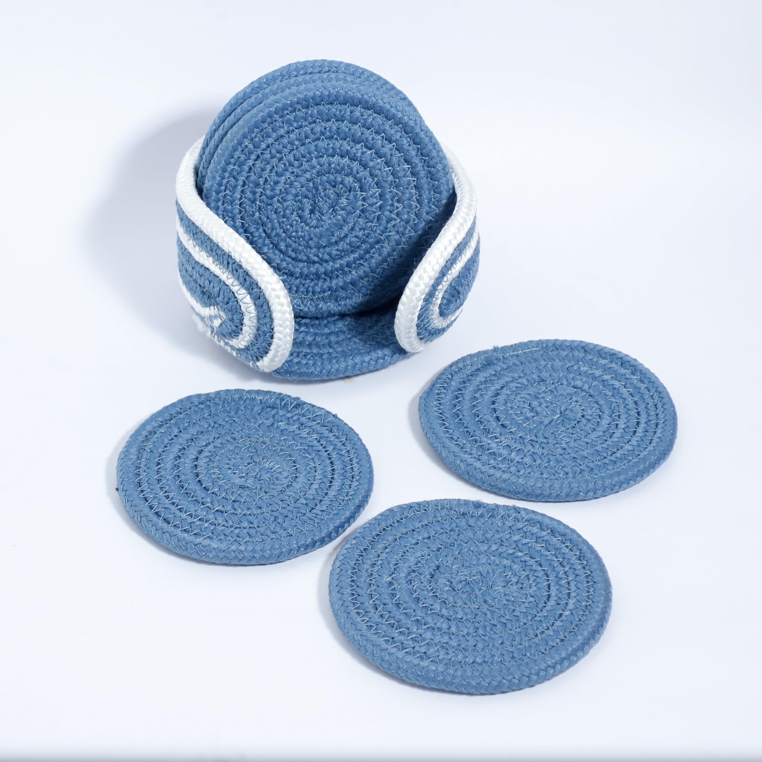 Ariya 6 Psc PP & Cotton Blend Blue Coasters (6 Inch) - Absorbent, Woven, Ideal for Room, Hotel, Bar, Housewarming Gift