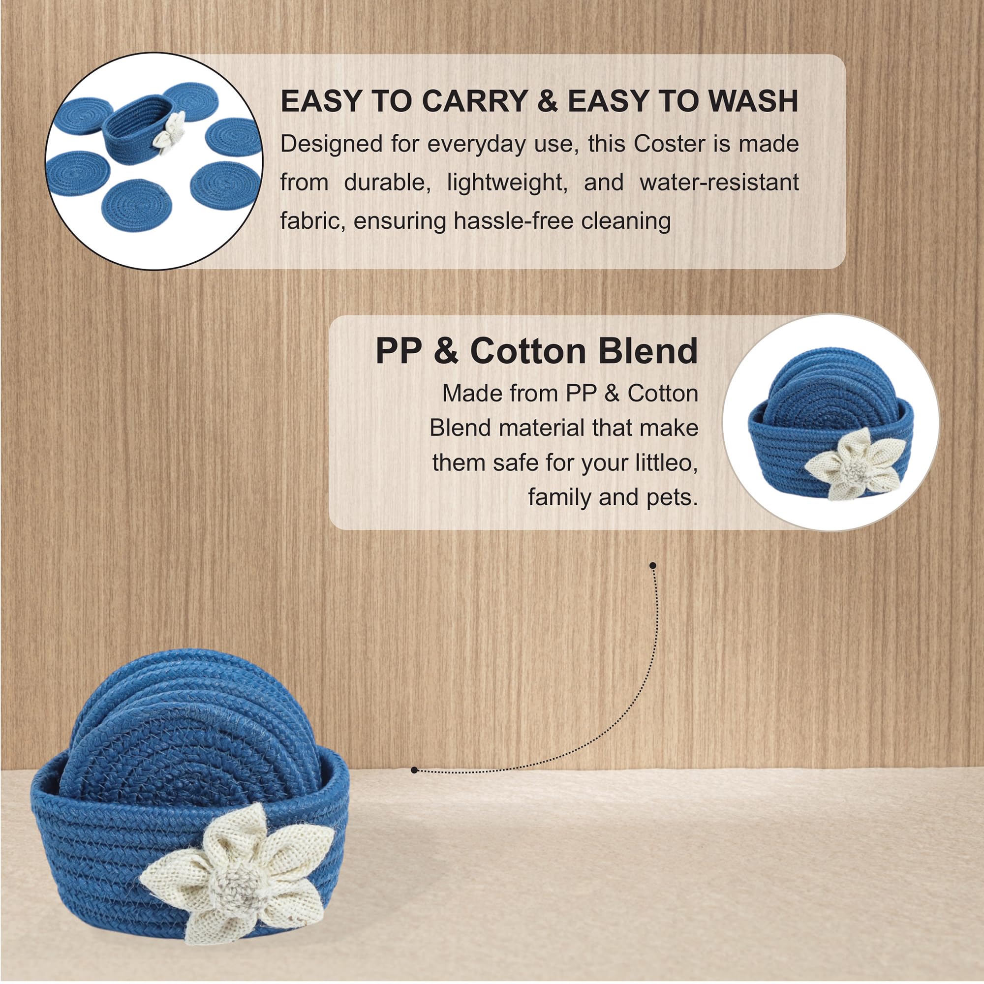 Ariya 6 Psc PP & Cotton Blend Blue Coasters (6 Inch) - Absorbent, Woven, Ideal for Room, Hotel, Bar, Housewarming Gift