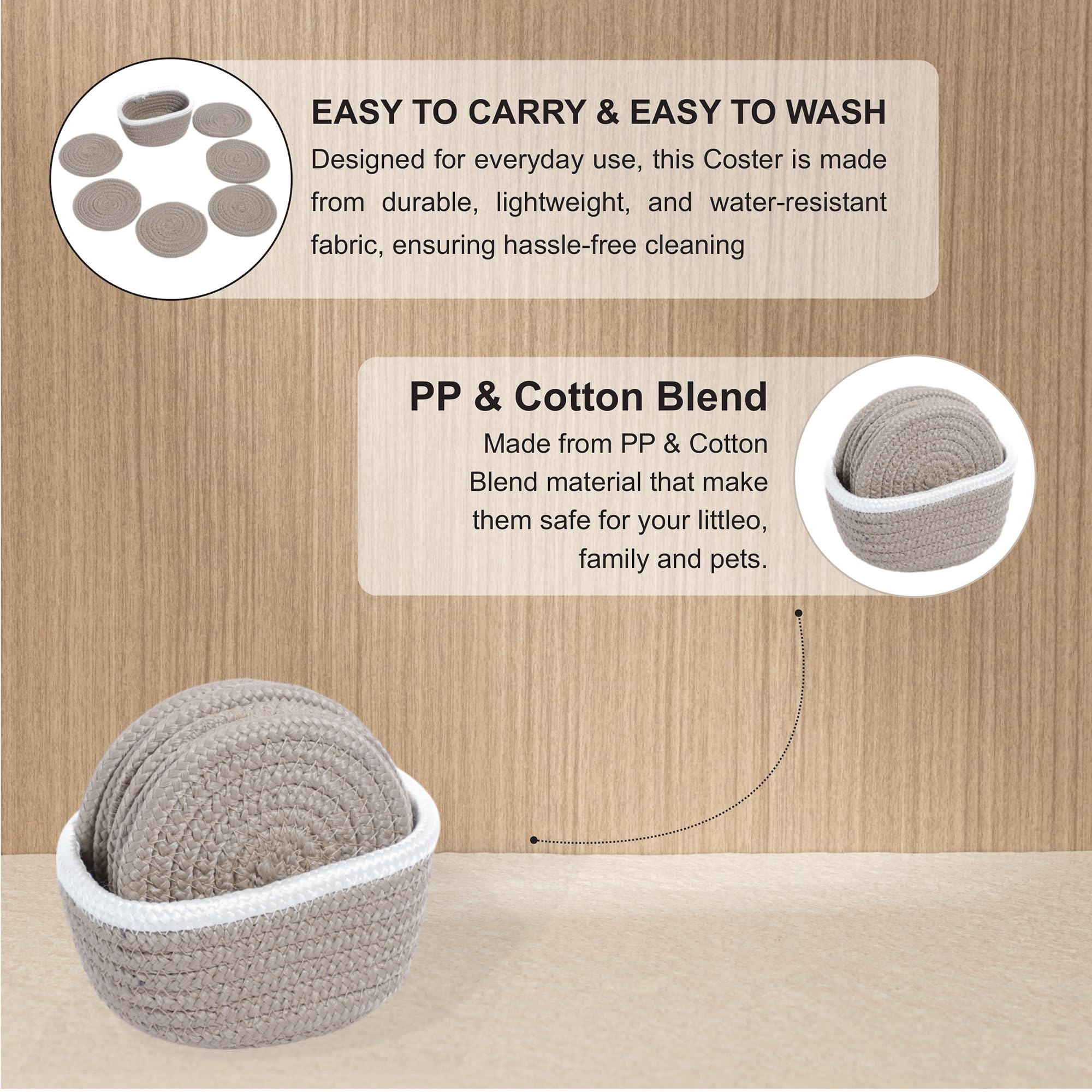 Ariya 6 Psc PP & Cotton Blend Beige Coasters (6 Inch) - Absorbent, Woven, Ideal for Room, Hotel, Bar, Housewarming Gift