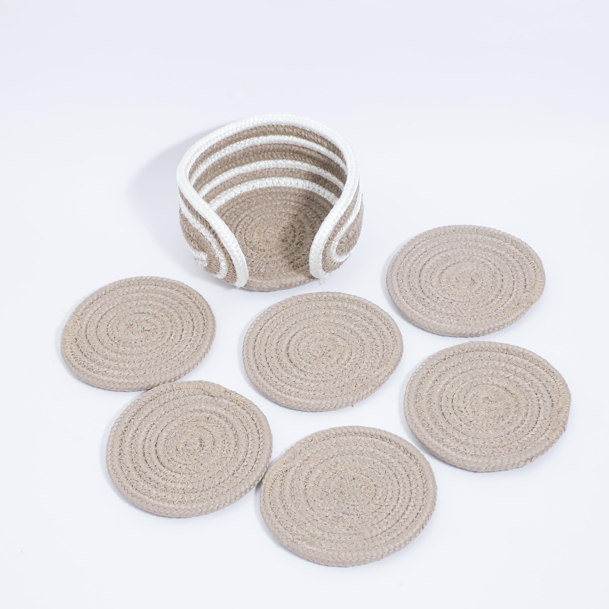 Ariya 6 Psc PP & Cotton Blend Beige Coasters (6 Inch) - Absorbent, Woven, Ideal for Room, Hotel, Bar, Housewarming Gift