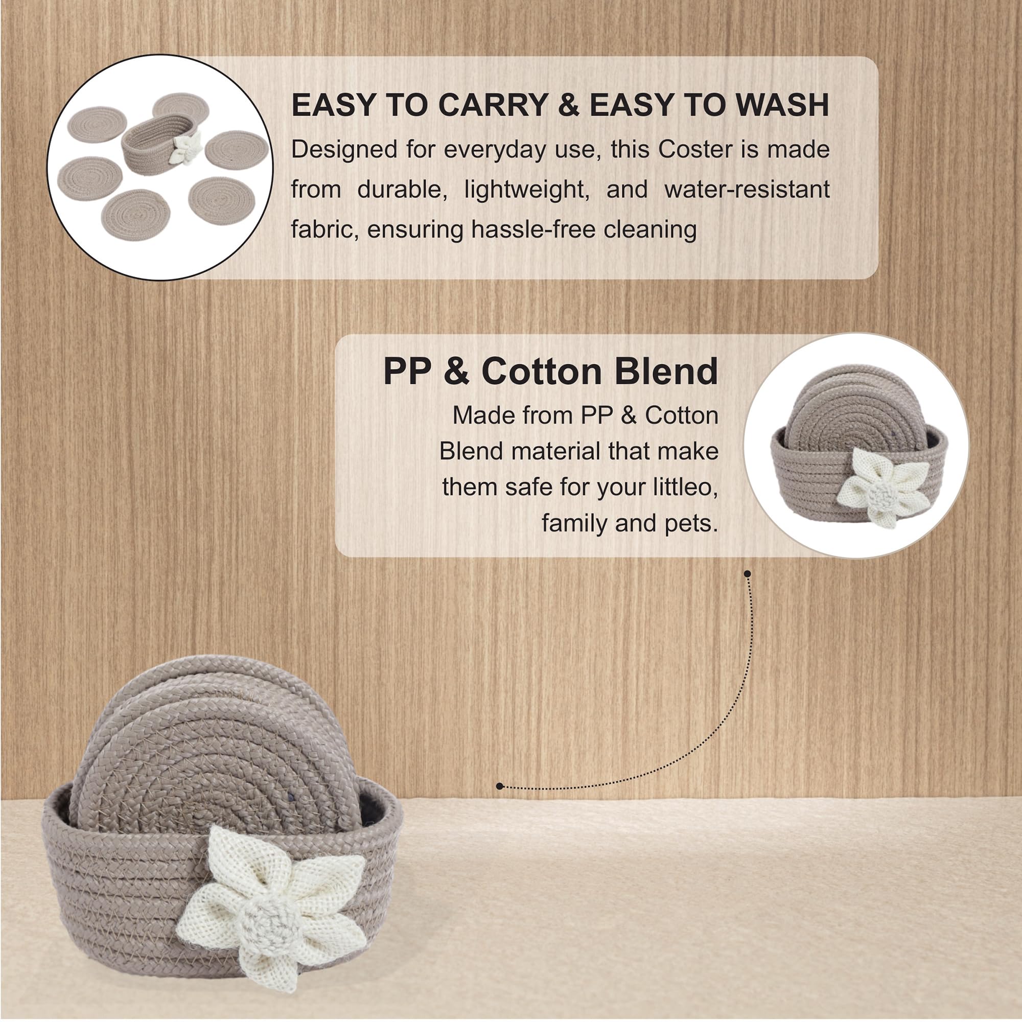 Ariya 6 Psc PP & Cotton Blend Beige Coasters (6 Inch) - Absorbent, Woven, Ideal for Room, Hotel, Bar, Housewarming Gift
