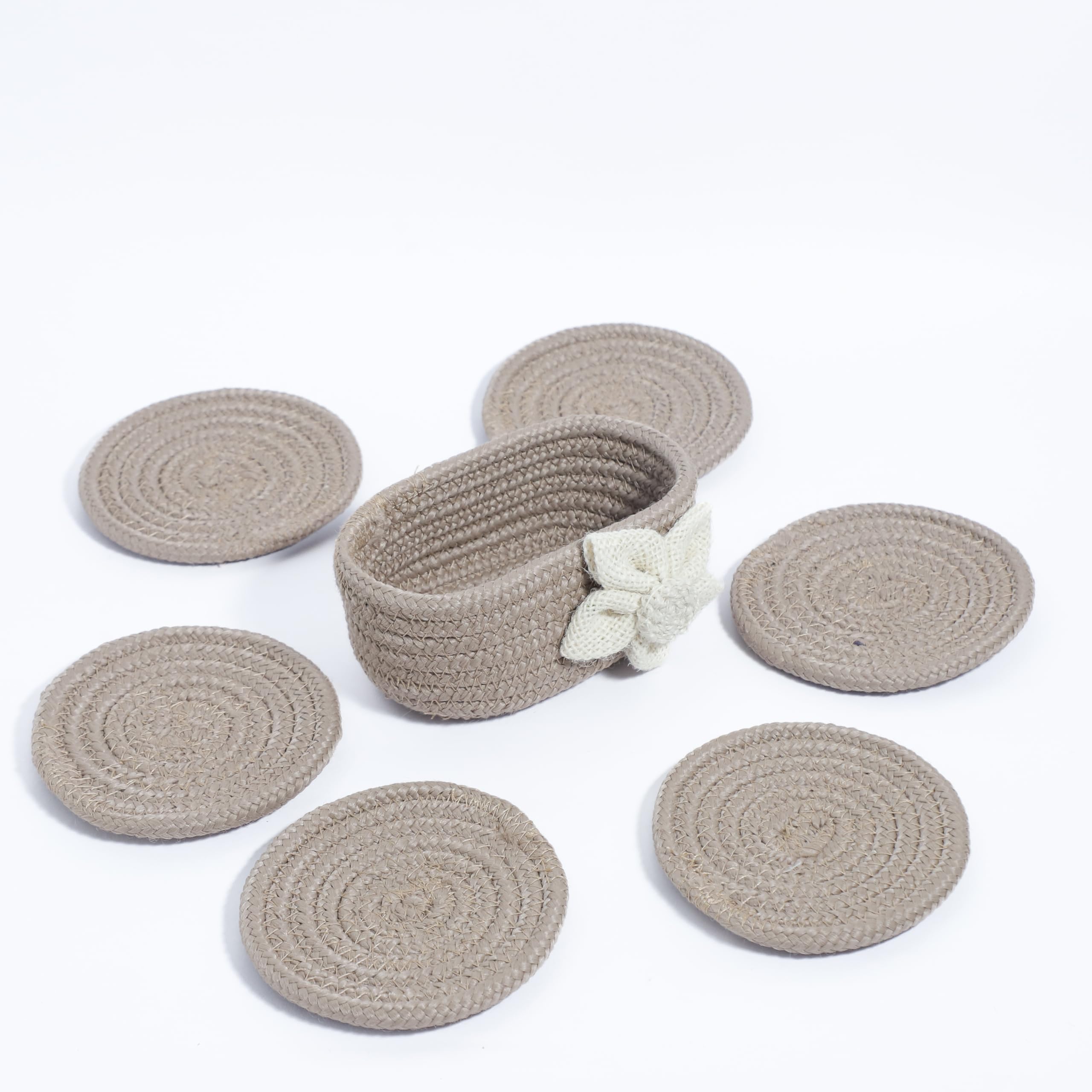 Ariya 6 Psc PP & Cotton Blend Beige Coasters (6 Inch) - Absorbent, Woven, Ideal for Room, Hotel, Bar, Housewarming Gift