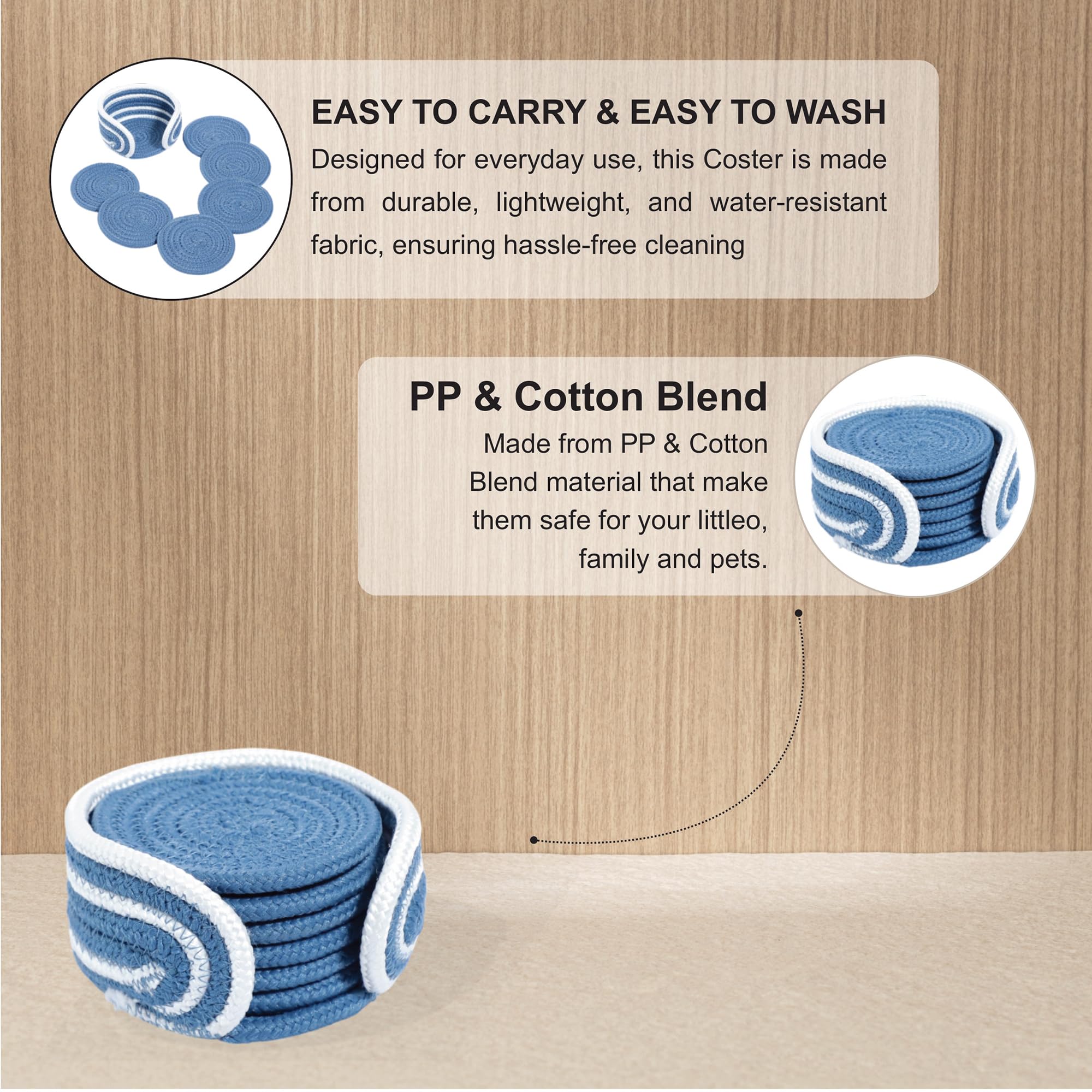 Ariya 6 Psc PP & Cotton Blend Blue Coasters (6 Inch) - Absorbent, Woven, Ideal for Room, Hotel, Bar, Housewarming Gift