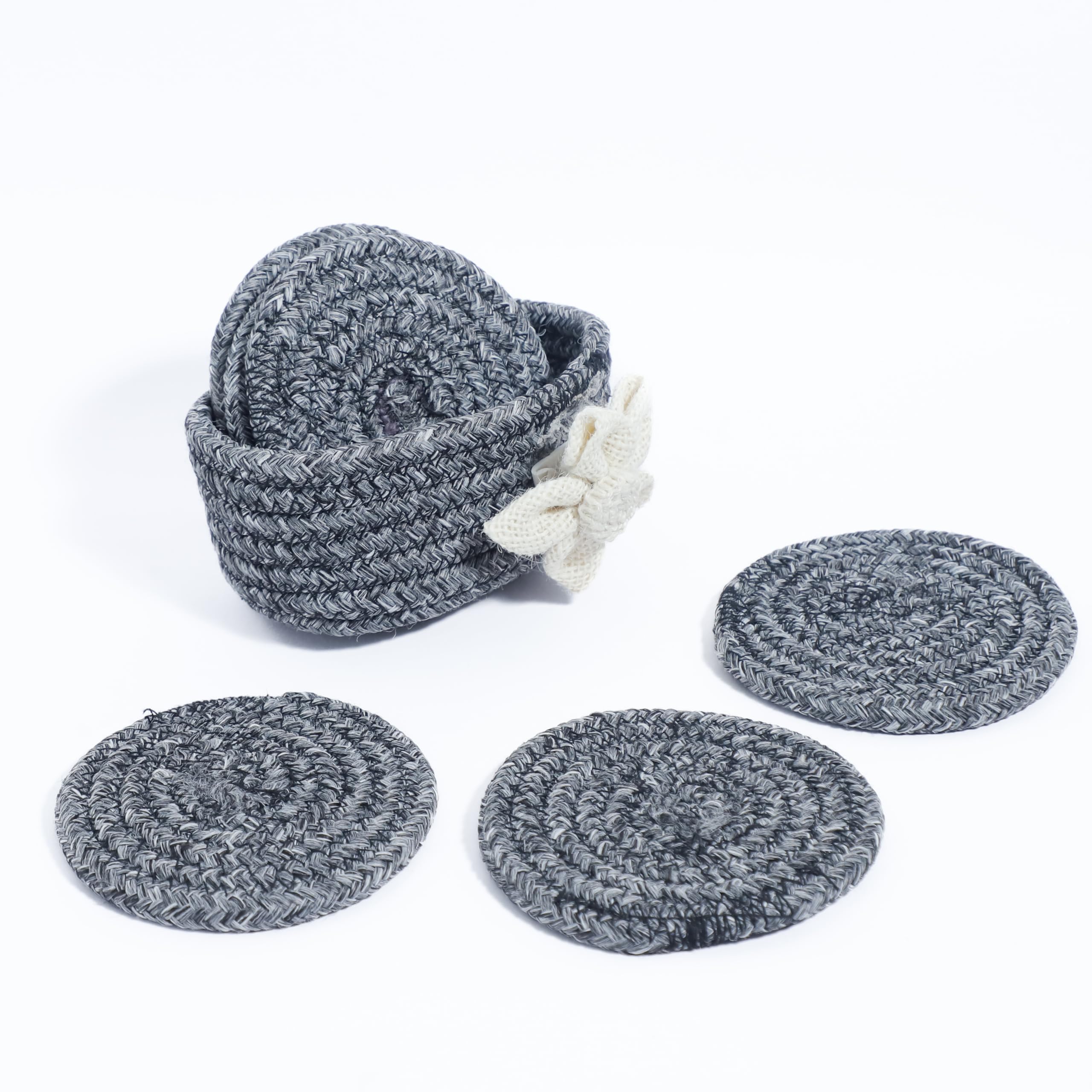 Ariya 6 Psc PP & Cotton Blend Grey Coasters (6 Inch) - Absorbent, Woven, Ideal for Room, Hotel, Bar, Housewarming Gift