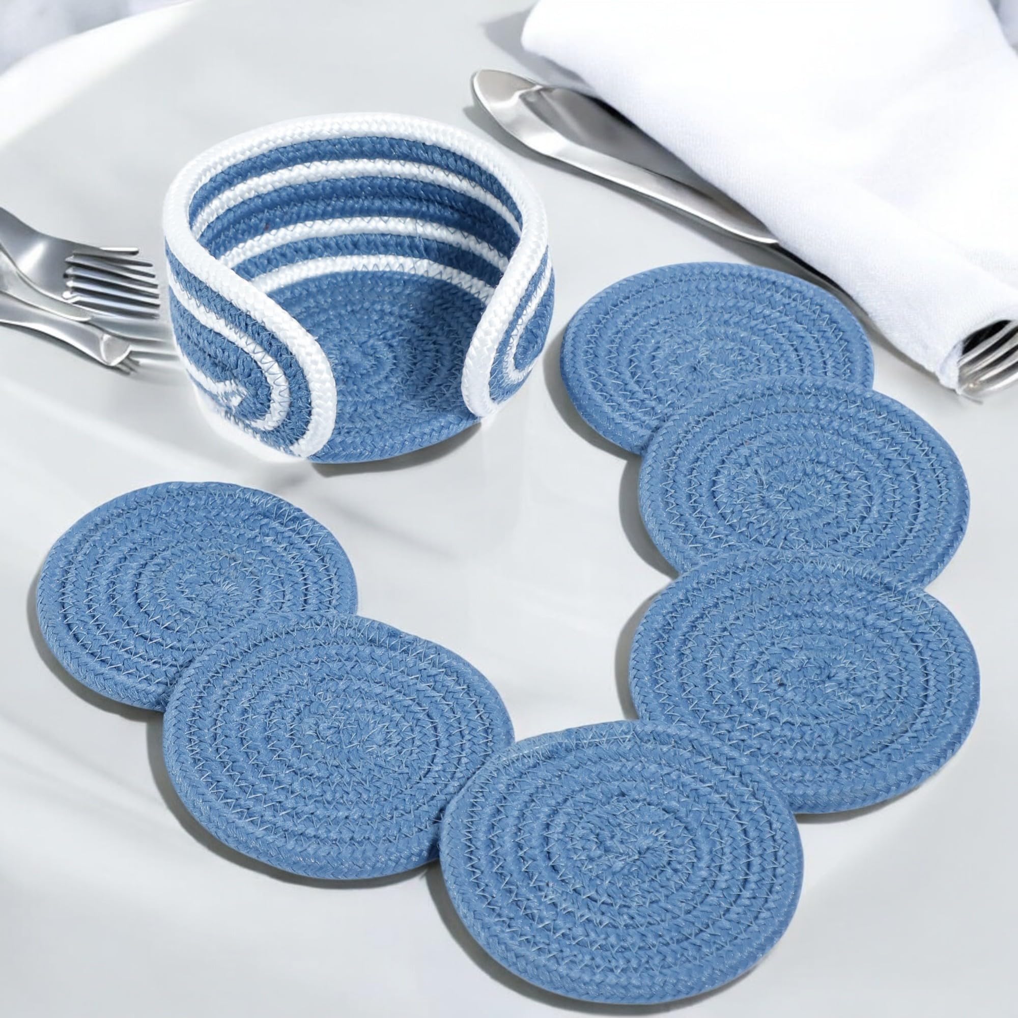 Ariya 6 Psc PP & Cotton Blend Blue Coasters (6 Inch) - Absorbent, Woven, Ideal for Room, Hotel, Bar, Housewarming Gift