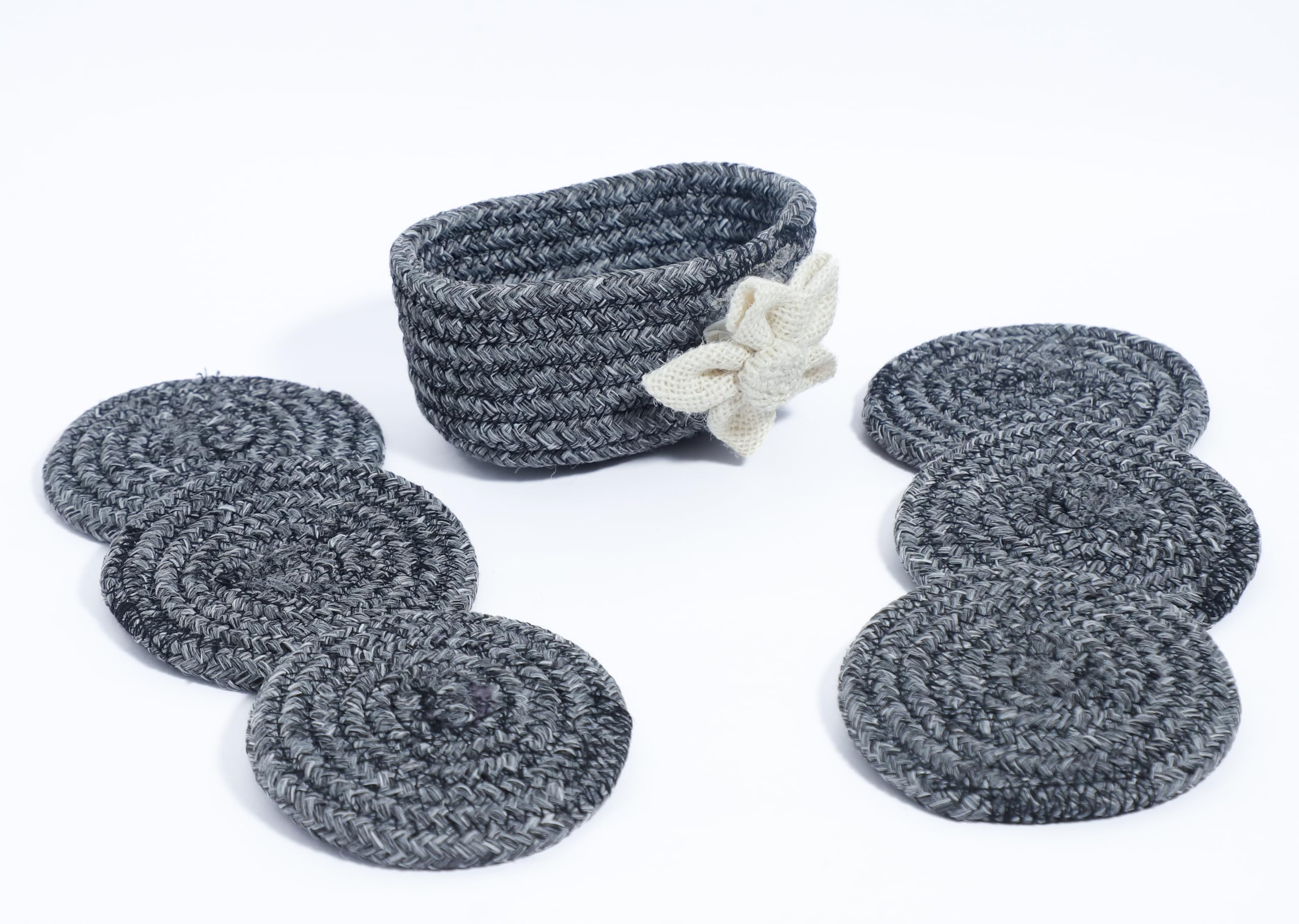 Ariya 6 Psc PP & Cotton Blend Grey Coasters (6 Inch) - Absorbent, Woven, Ideal for Room, Hotel, Bar, Housewarming Gift