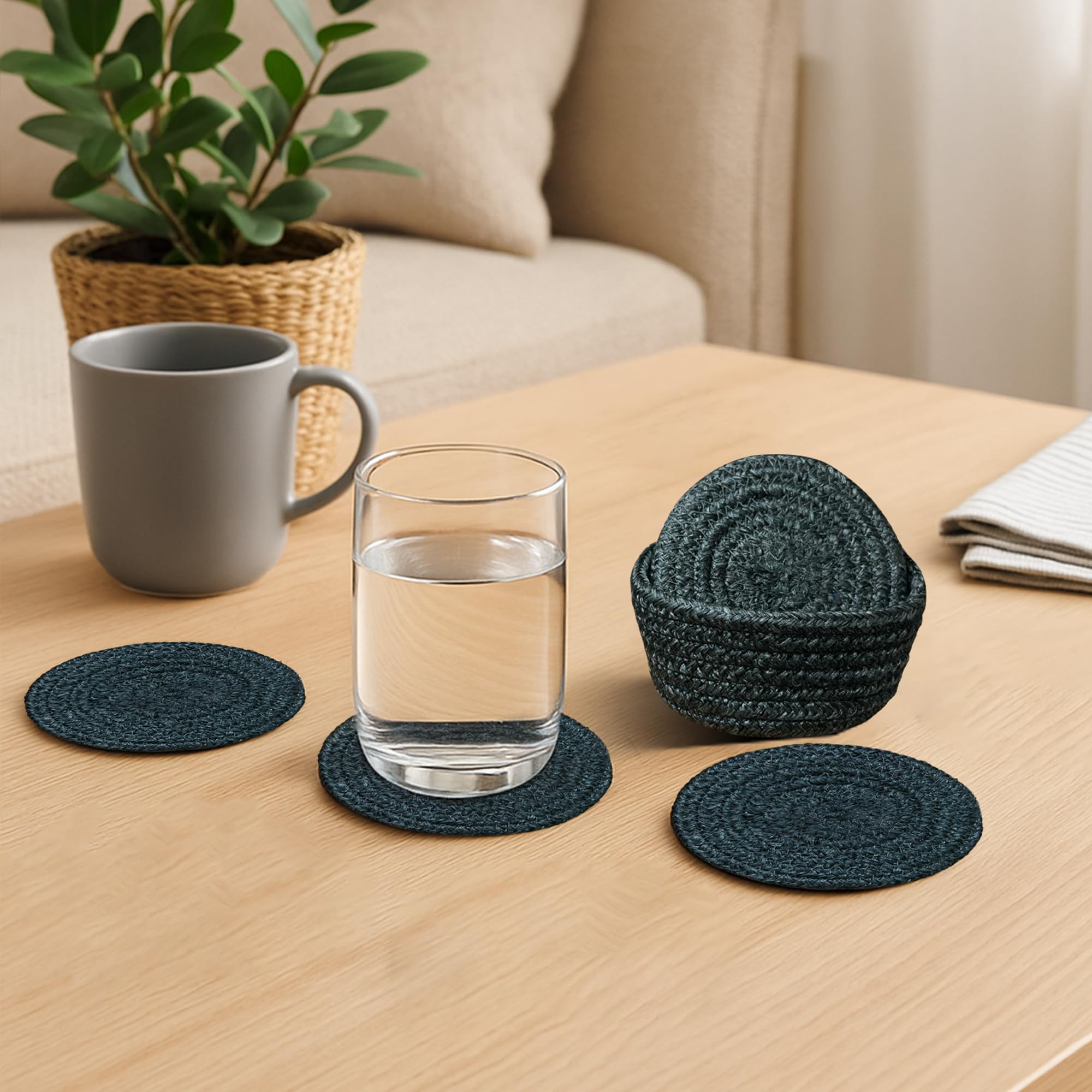 Ariya 6 Psc PP & Cotton Blend Dark Grey Coasters (6 Inch) - Absorbent, Woven, Ideal for Room, Hotel, Bar, Housewarming Gift
