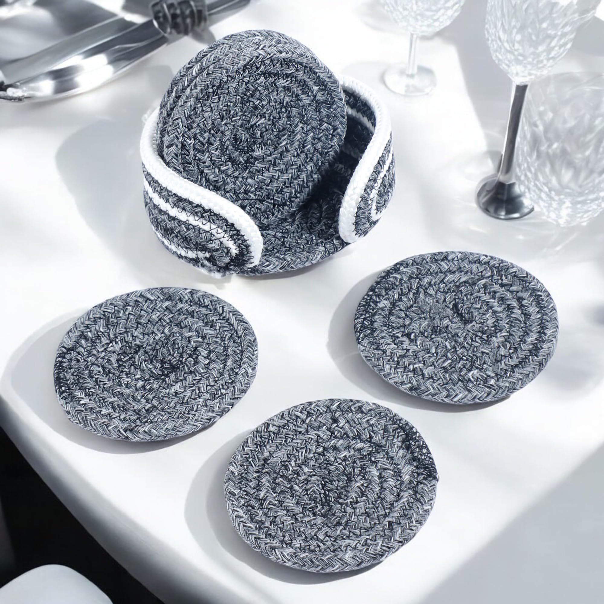 Ariya 6 Psc PP & Cotton Blend Grey Coasters (6 Inch) - Absorbent, Woven, Ideal for Room, Hotel, Bar, Housewarming Gift