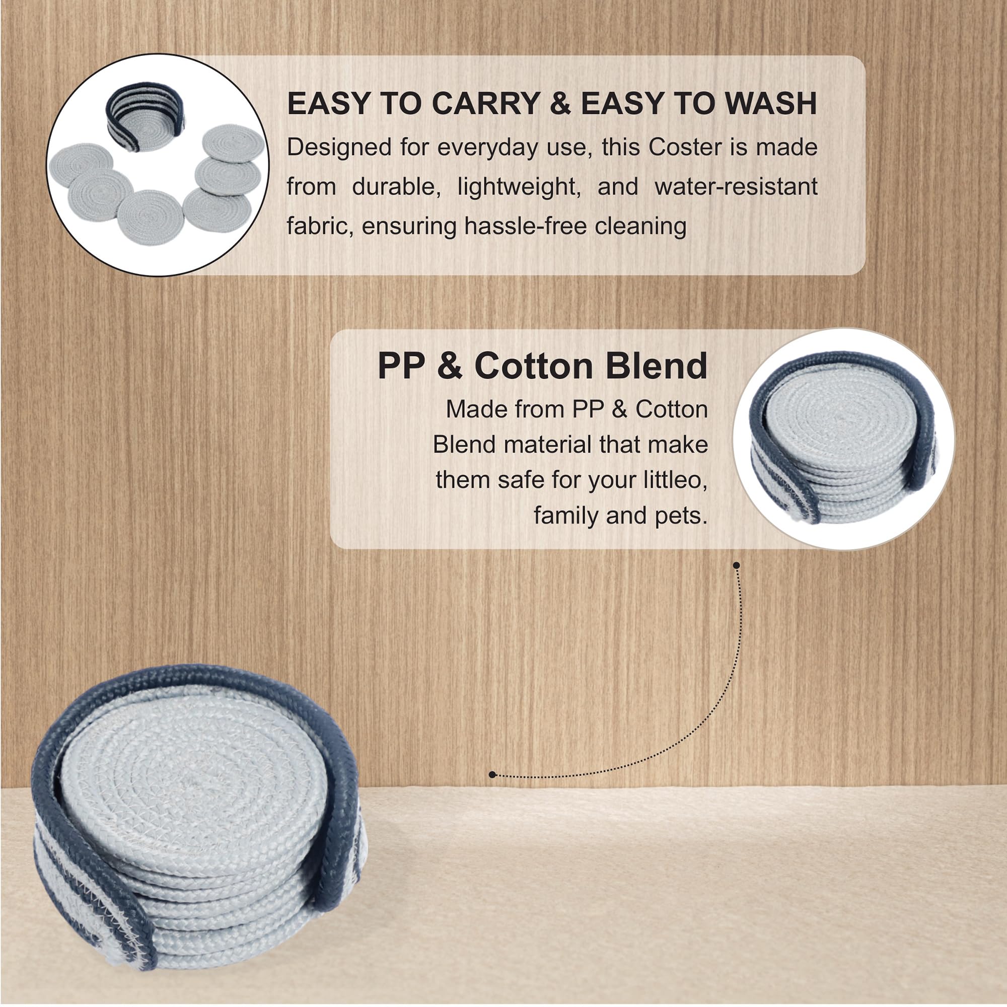 Ariya 6 Psc PP & Cotton Blend Light Grey Coasters (6 Inch) - Absorbent, Woven, Ideal for Room, Hotel, Bar, Housewarming Gift