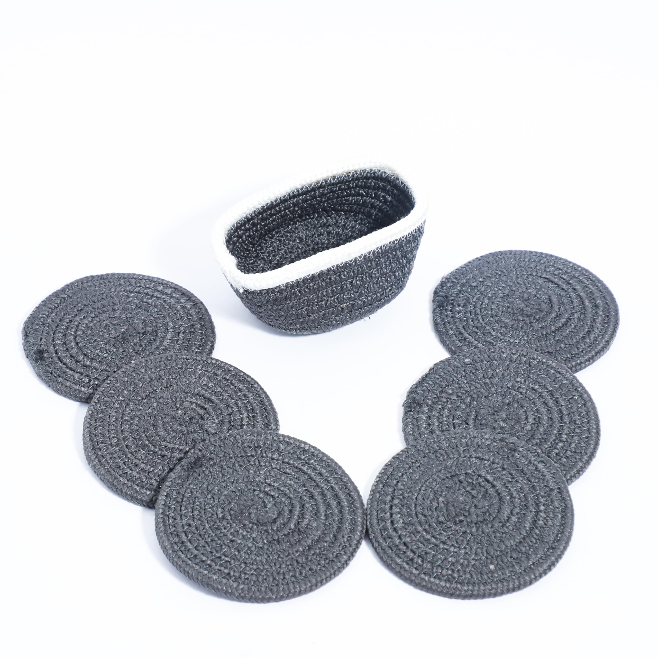 Ariya 6 Psc PP & Cotton Blend Dark Grey Coasters (6 Inch) - Absorbent, Woven, Ideal for Room, Hotel, Bar, Housewarming Gift