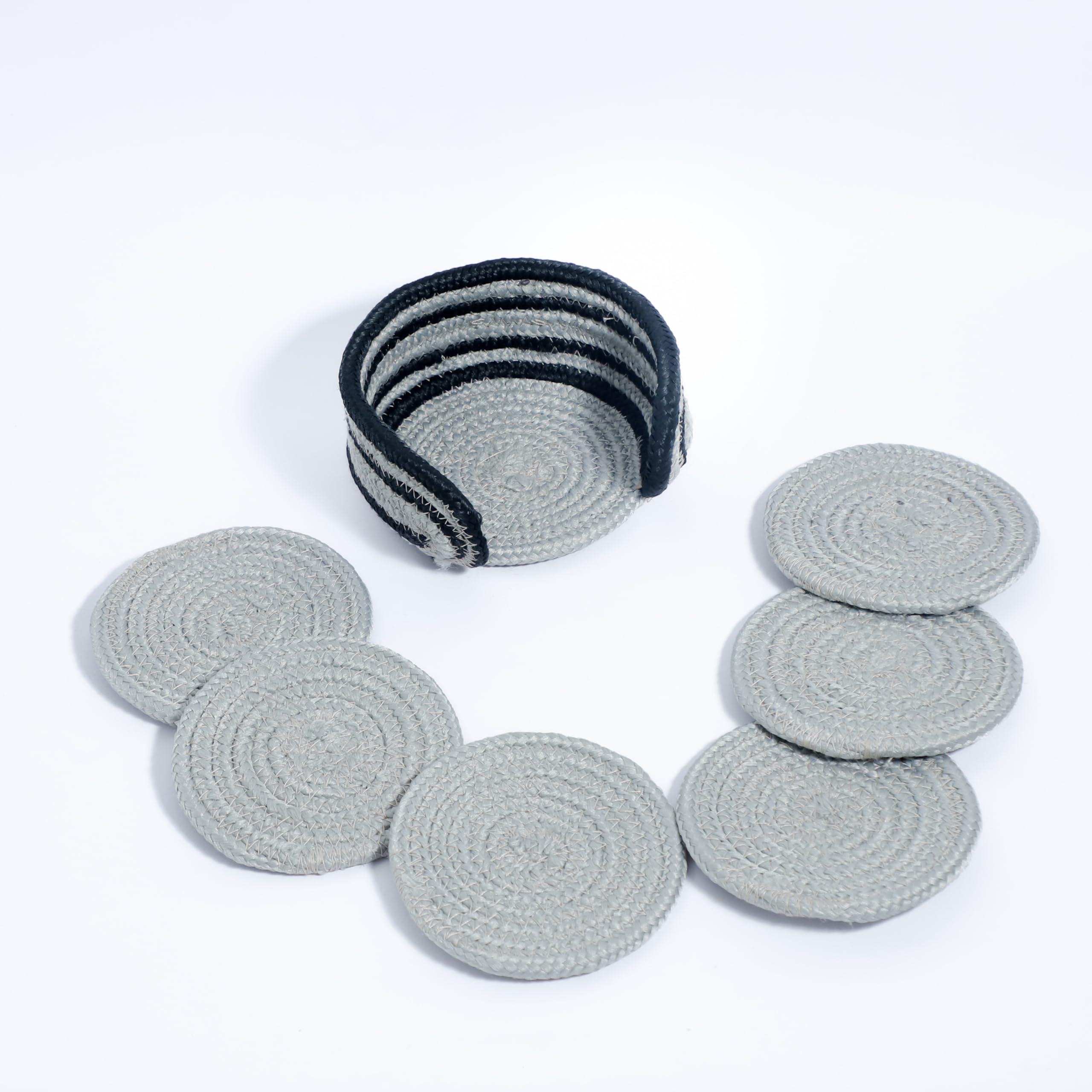Ariya 6 Psc PP & Cotton Blend Light Grey Coasters (6 Inch) - Absorbent, Woven, Ideal for Room, Hotel, Bar, Housewarming Gift