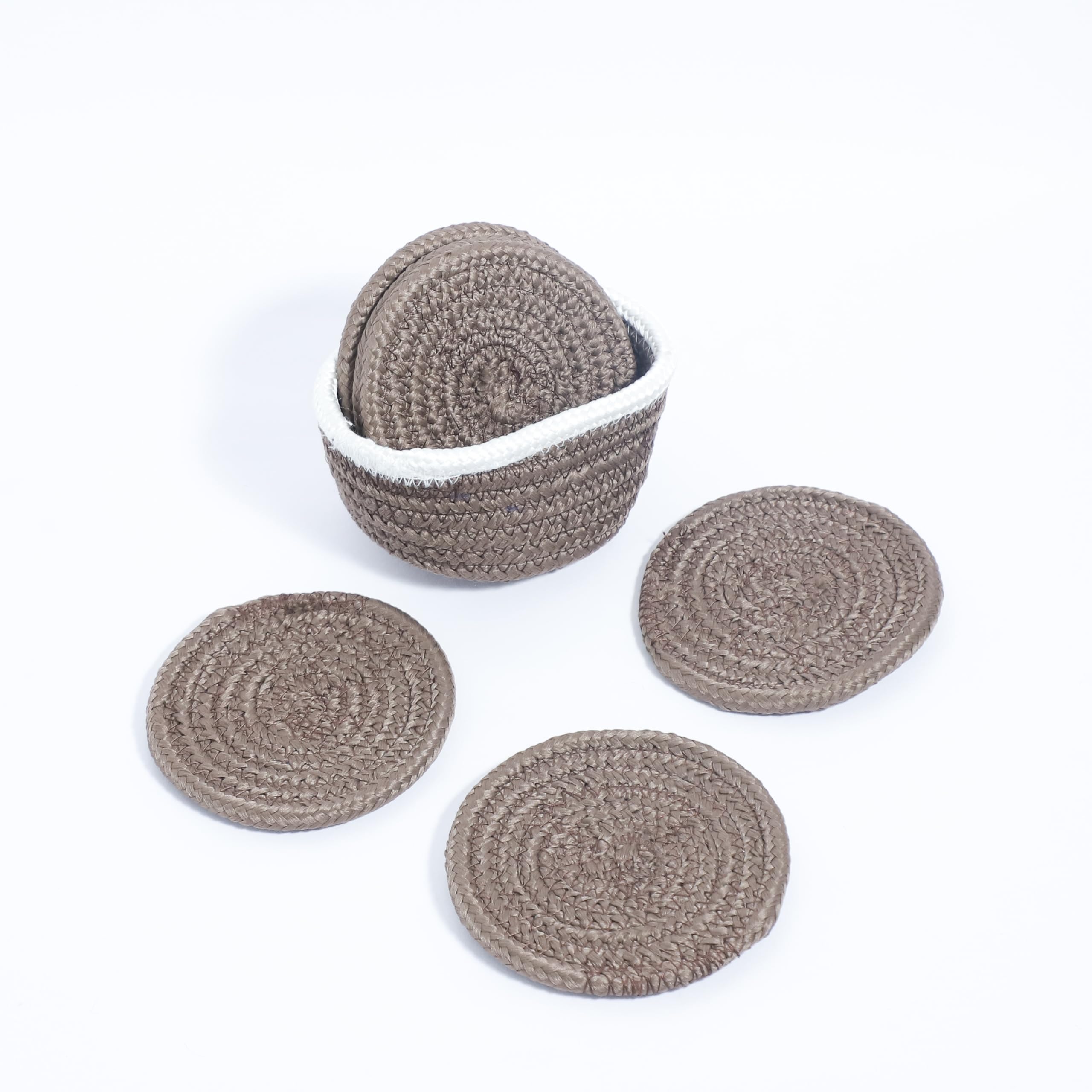 Ariya 6 Psc PP & Cotton Blend Brown Coasters (6 Inch) - Absorbent, Woven, Ideal for Room, Hotel, Bar, Housewarming Gift