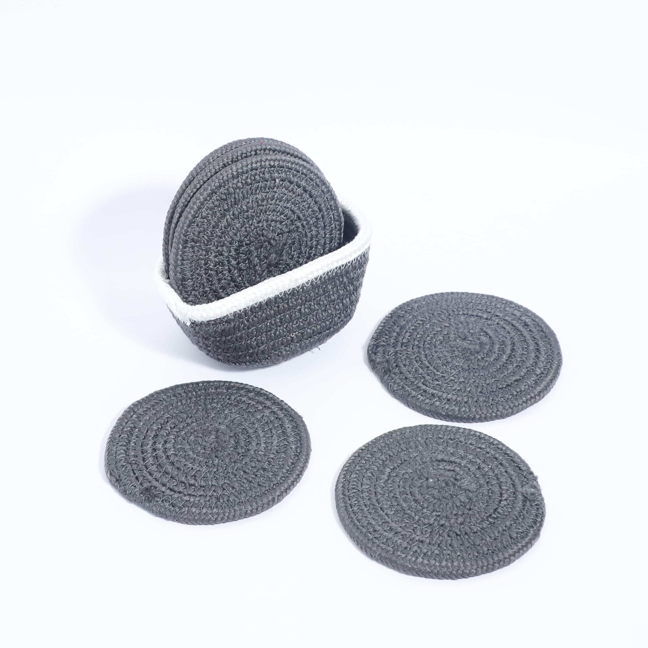 Ariya 6 Psc PP & Cotton Blend Dark Grey Coasters (6 Inch) - Absorbent, Woven, Ideal for Room, Hotel, Bar, Housewarming Gift