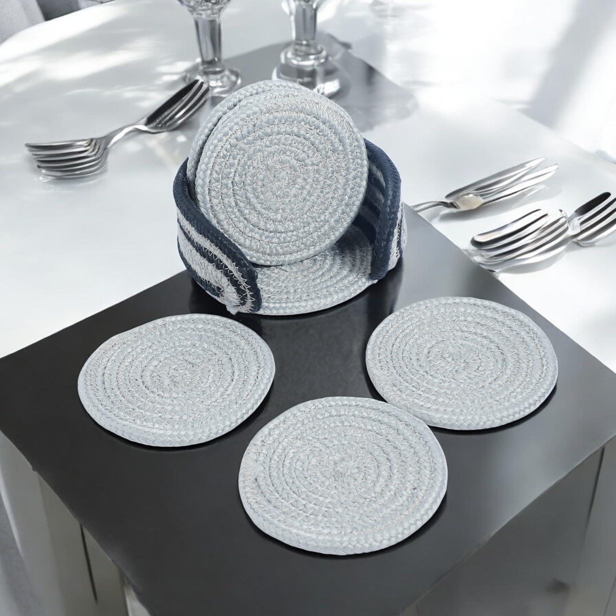 Ariya 6 Psc PP & Cotton Blend Light Grey Coasters (6 Inch) - Absorbent, Woven, Ideal for Room, Hotel, Bar, Housewarming Gift
