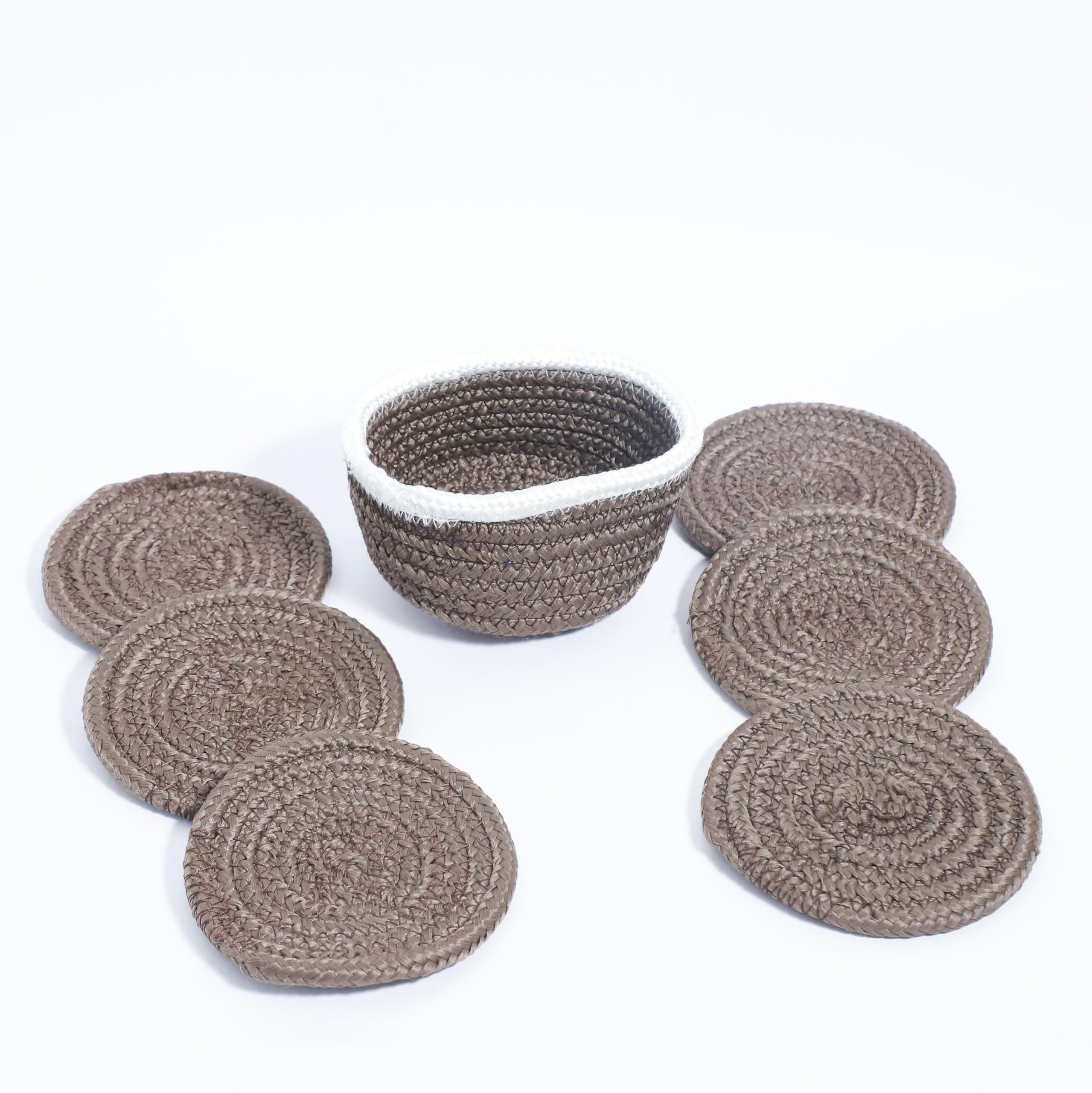 Ariya 6 Psc PP & Cotton Blend Brown Coasters (6 Inch) - Absorbent, Woven, Ideal for Room, Hotel, Bar, Housewarming Gift