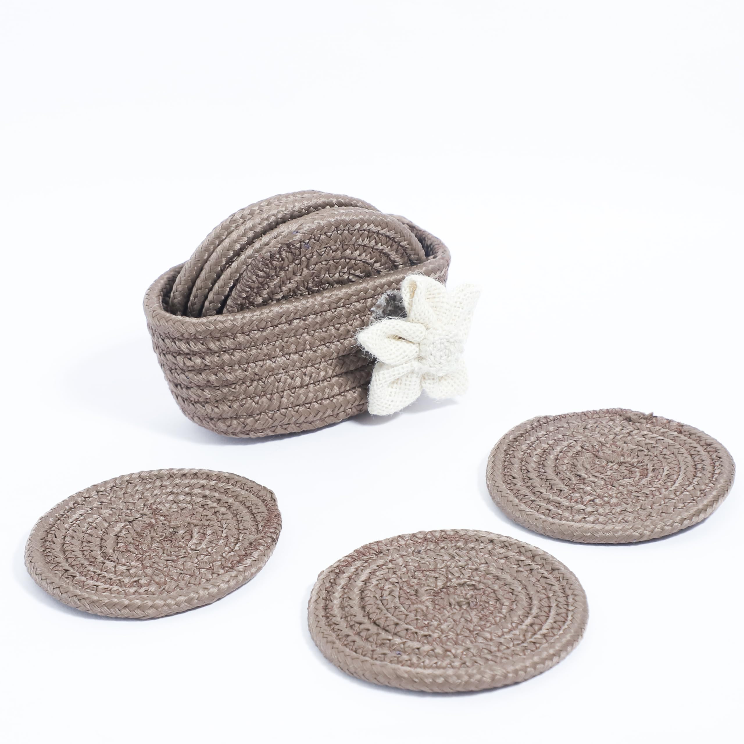 Ariya 6 Psc PP & Cotton Blend Brown Coasters (6 Inch) - Absorbent, Woven, Ideal for Room, Hotel, Bar, Housewarming Gift