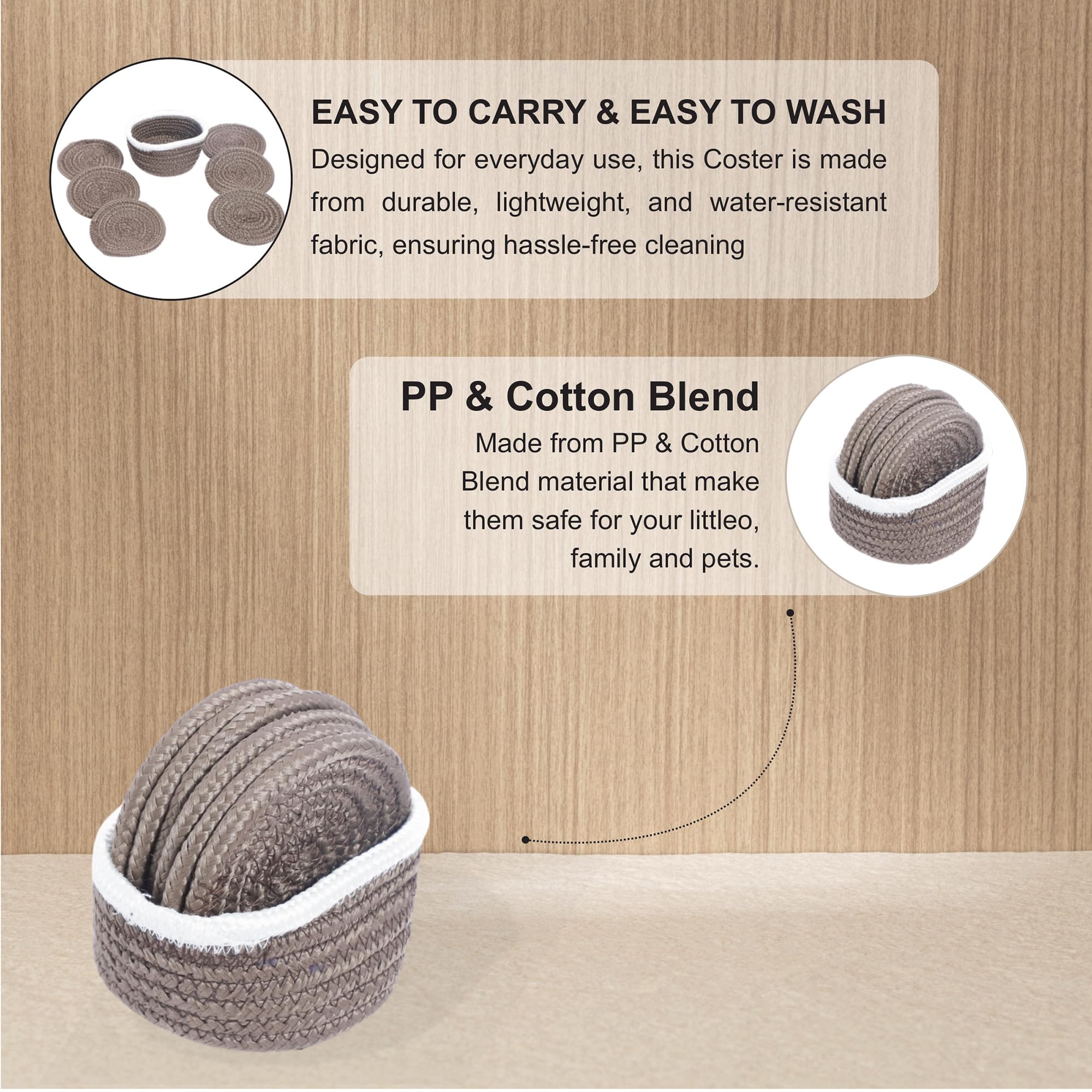 Ariya 6 Psc PP & Cotton Blend Brown Coasters (6 Inch) - Absorbent, Woven, Ideal for Room, Hotel, Bar, Housewarming Gift