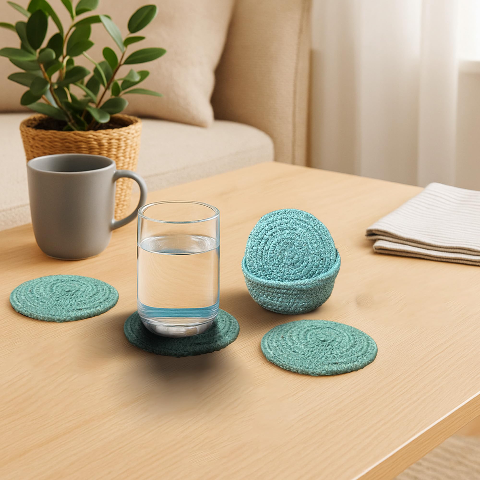 Ariya 4 Inch Round Coaster Set (4049 | Sky Blue | Pack of 6) Handcrafted PP & Cotton Blend Coaster, Durable, Drink Mats for Coffee Tables, Dining, Office & Home Décor