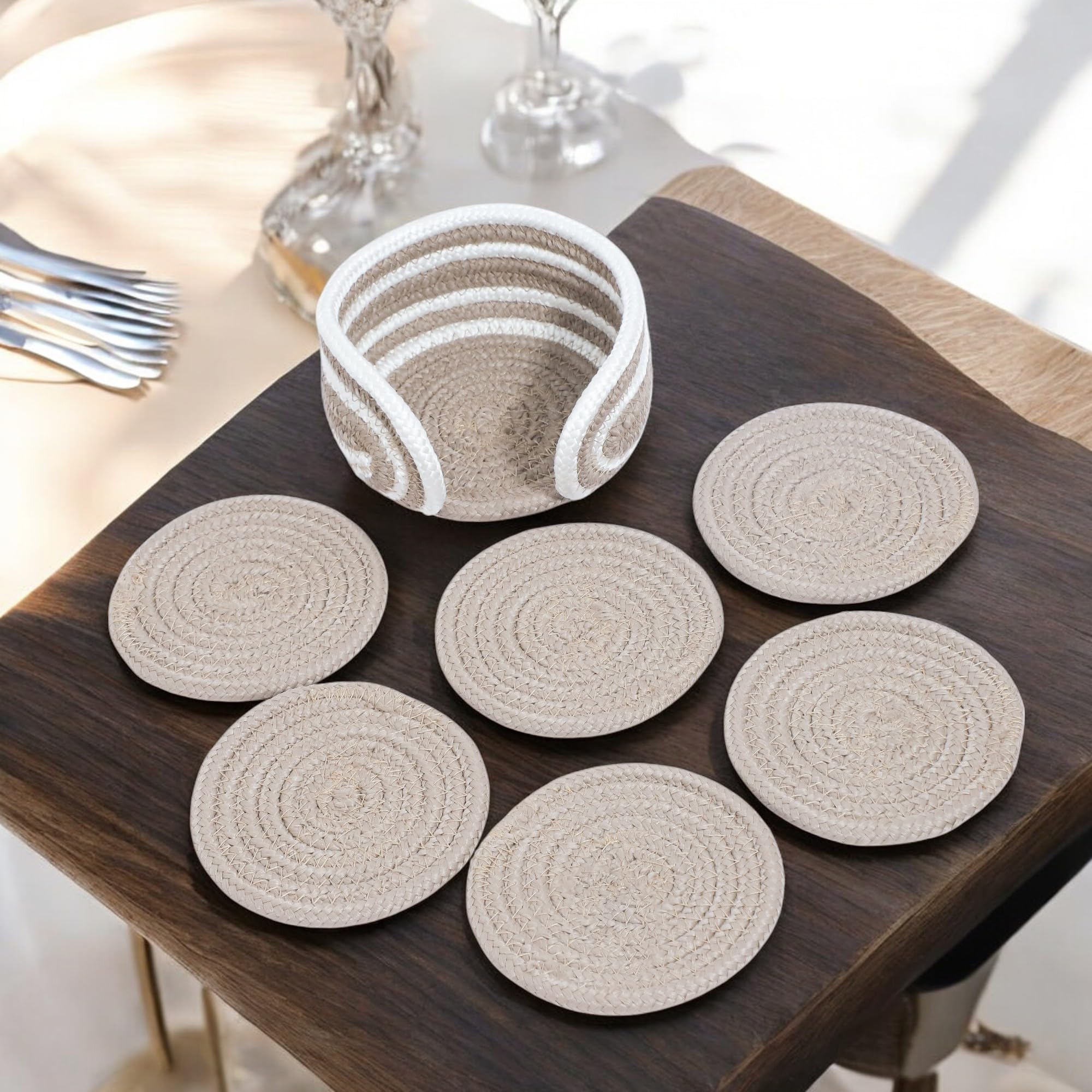 Ariya 6 Psc PP & Cotton Blend Beige Coasters (6 Inch) - Absorbent, Woven, Ideal for Room, Hotel, Bar, Housewarming Gift