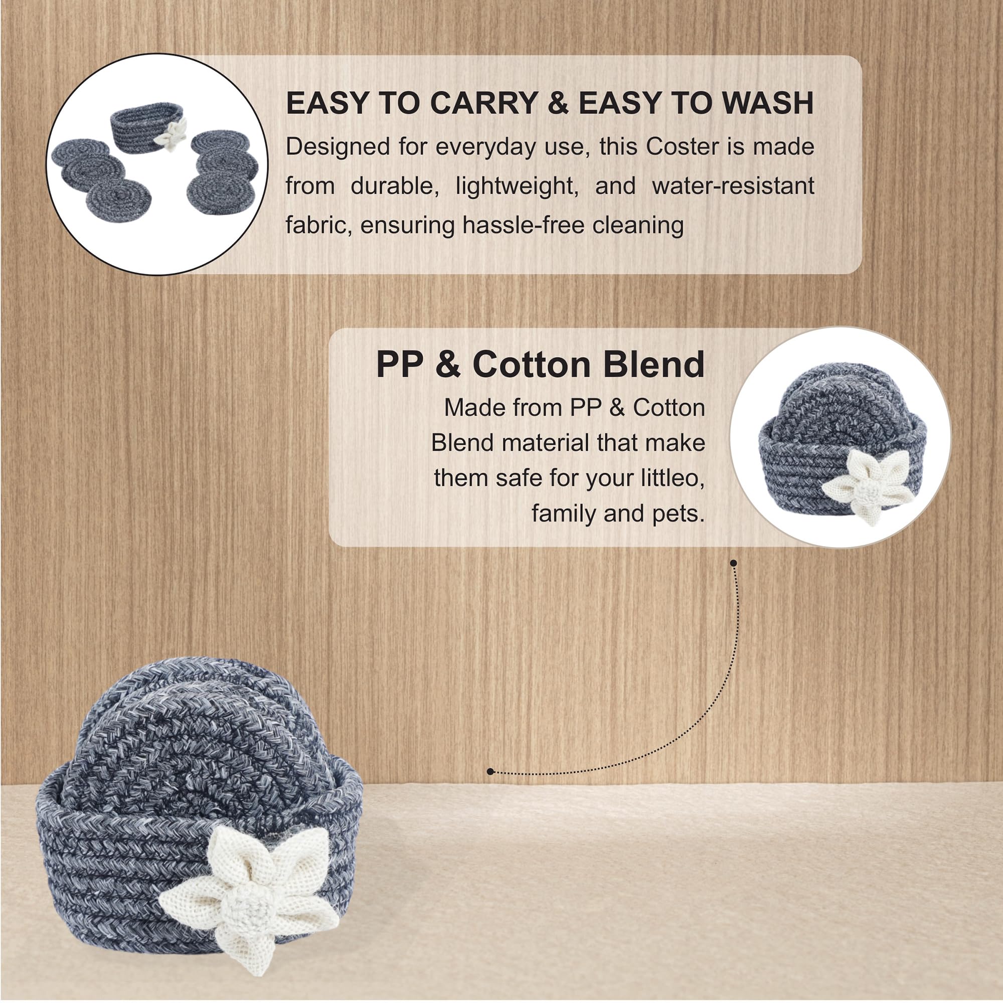 Ariya 6 Psc PP & Cotton Blend Grey Coasters (6 Inch) - Absorbent, Woven, Ideal for Room, Hotel, Bar, Housewarming Gift