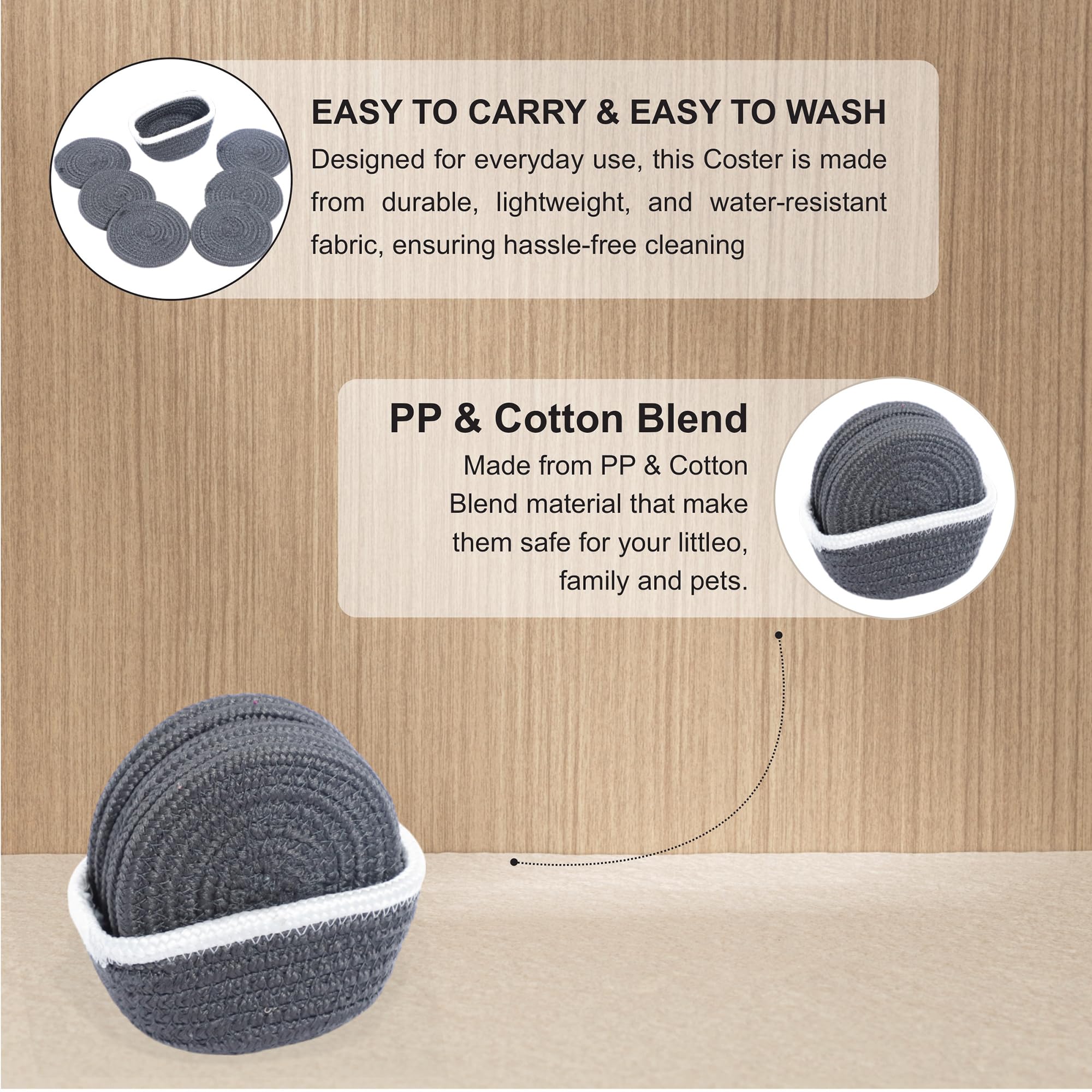 Ariya 6 Psc PP & Cotton Blend Dark Grey Coasters (6 Inch) - Absorbent, Woven, Ideal for Room, Hotel, Bar, Housewarming Gift
