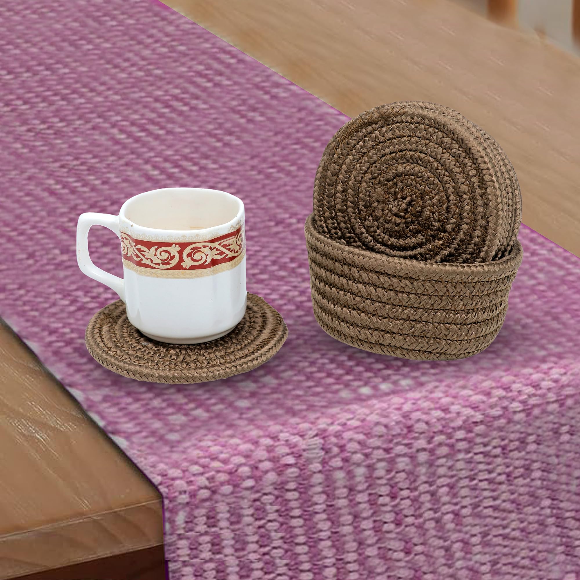 Ariya 6 Psc PP & Cotton Blend Brown Coasters (6 Inch) - Absorbent, Woven, Ideal for Room, Hotel, Bar, Housewarming Gift
