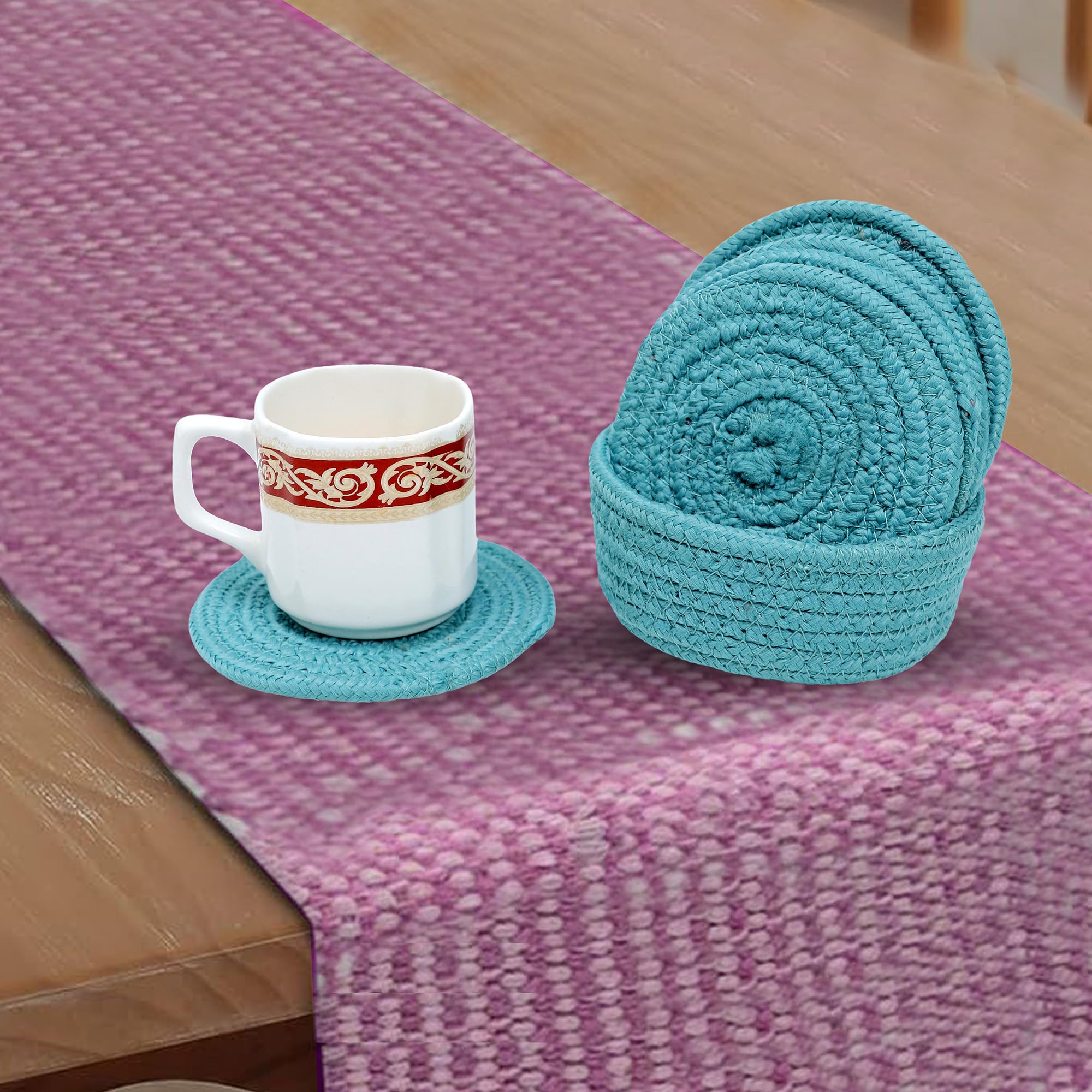 Ariya 4 Inch Round Coaster Set (4049 | Sky Blue | Pack of 6) Handcrafted PP & Cotton Blend Coaster, Durable, Drink Mats for Coffee Tables, Dining, Office & Home Décor