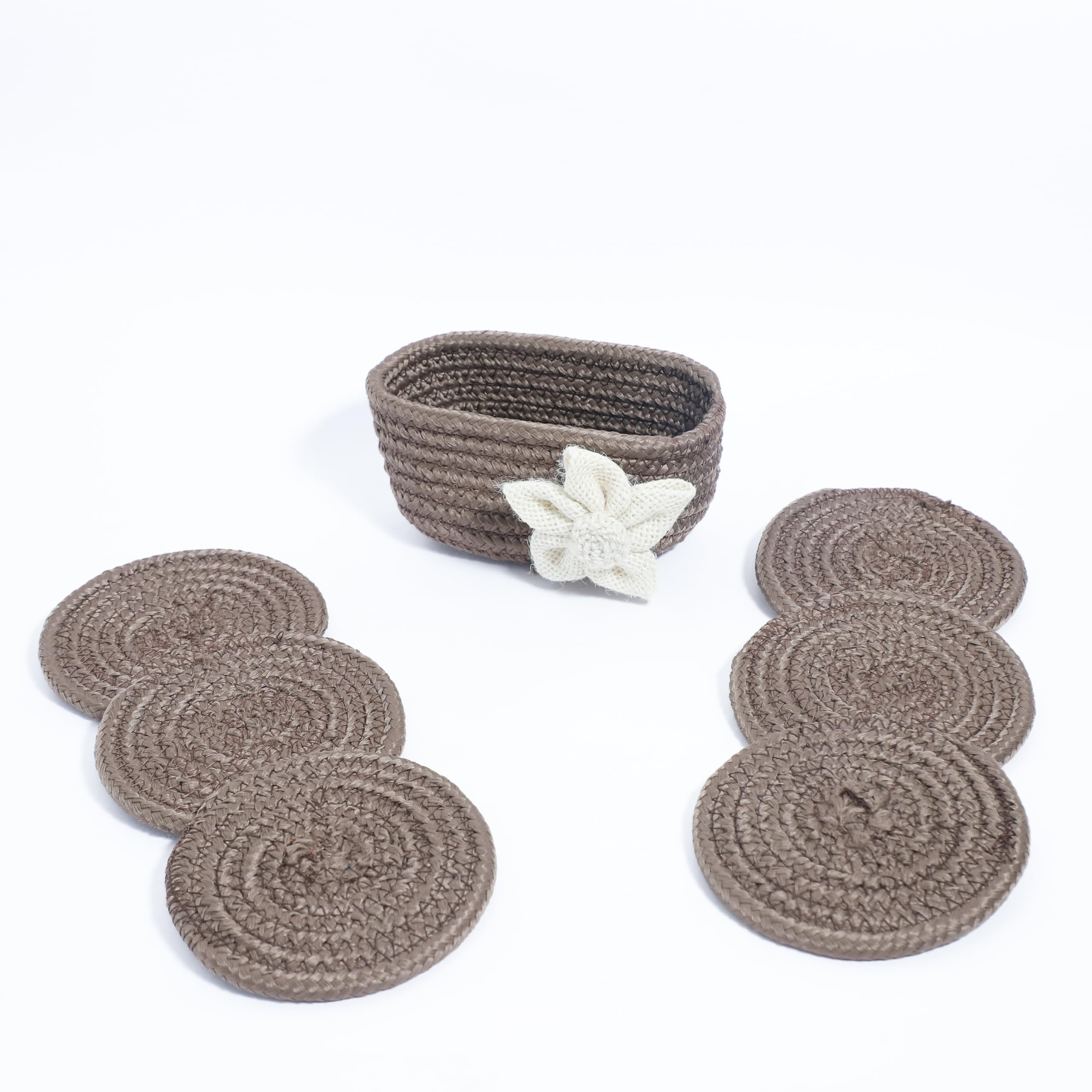 Ariya 6 Psc PP & Cotton Blend Brown Coasters (6 Inch) - Absorbent, Woven, Ideal for Room, Hotel, Bar, Housewarming Gift