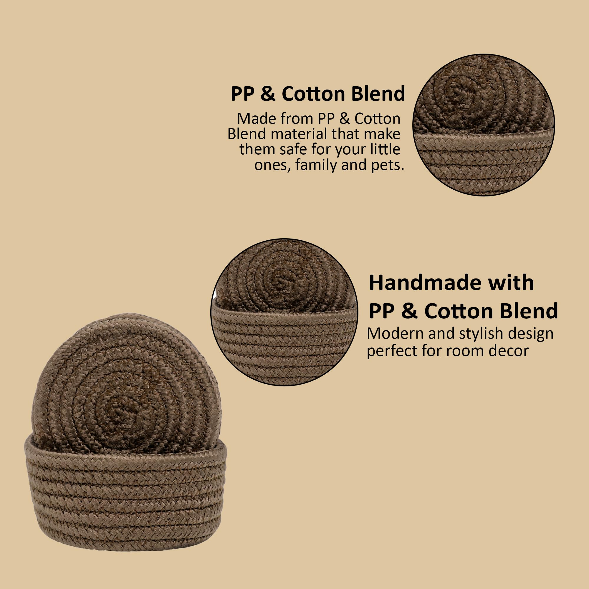 Ariya 4 Inch Round Coaster Set (4049 | Brown | Pack of 6) Handcrafted PP & Cotton Blend Coaster, Durable, Drink Mats for Coffee Tables, Dining, Office & Home Décor