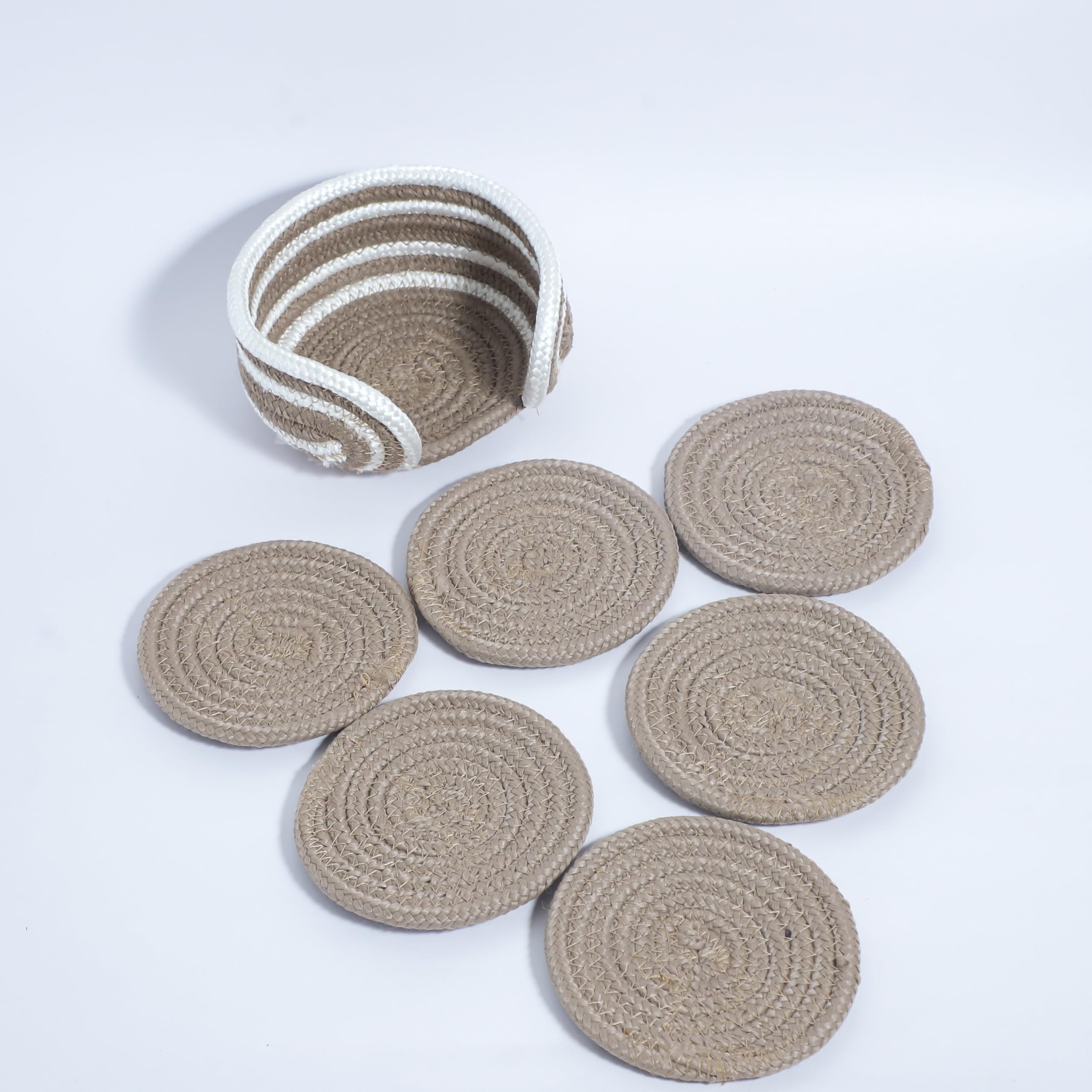 Ariya 6 Psc PP & Cotton Blend Beige Coasters (6 Inch) - Absorbent, Woven, Ideal for Room, Hotel, Bar, Housewarming Gift