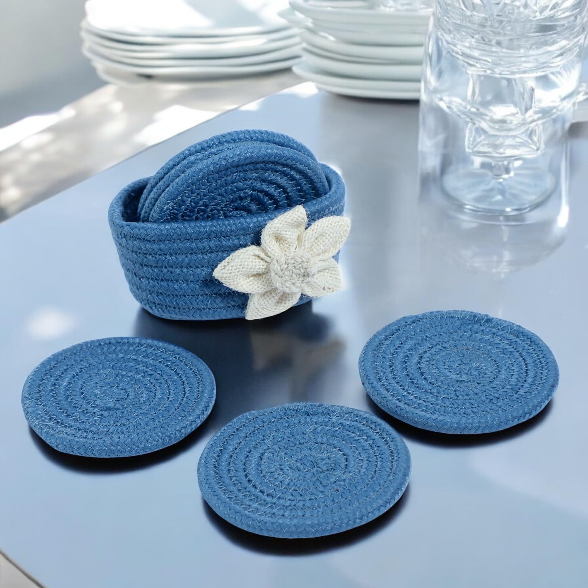 Ariya 6 Psc PP & Cotton Blend Blue Coasters (6 Inch) - Absorbent, Woven, Ideal for Room, Hotel, Bar, Housewarming Gift